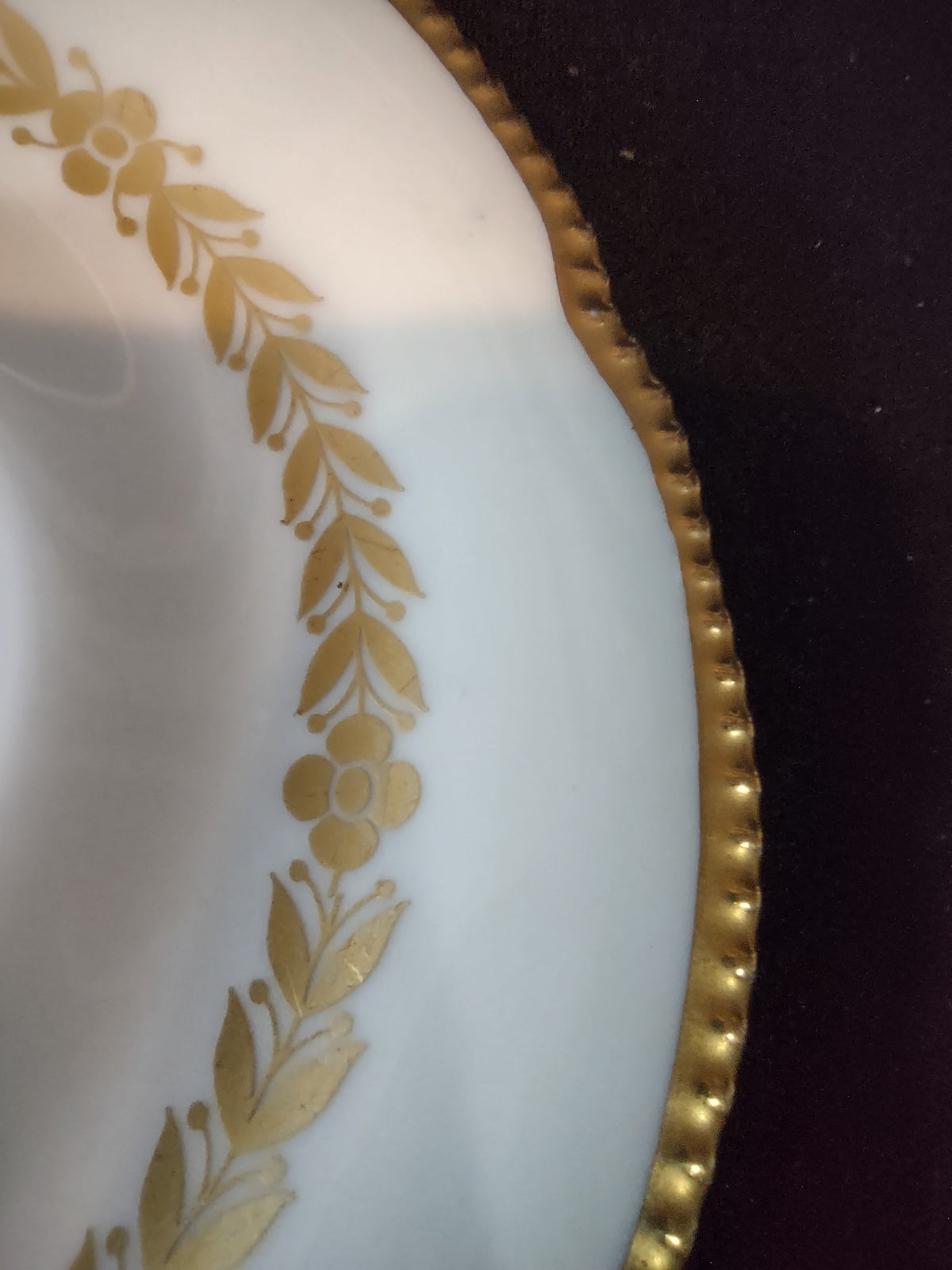 Close-up of Castleton Laurel saucer gold beaded rim and laurel floral garland detail