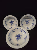 Set of 3 vintage Syracuse China Nantucket pattern bowls with cobalt blue floral center motif and trailing vine border on white porcelain with ribbed gadroon rim