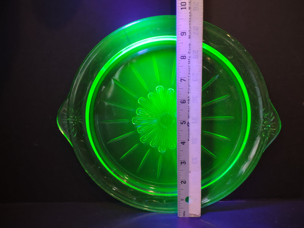 Vintage US Glass Co Green Uranium Depression Glass Handled Cake Plate IMPERFECT [7014]