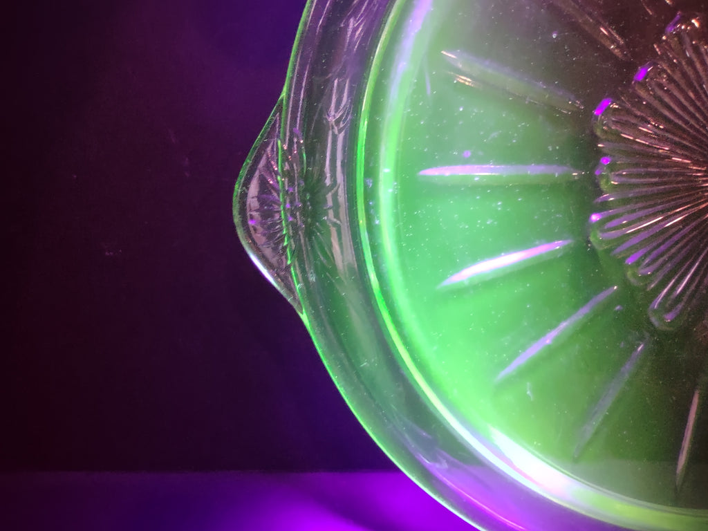 Vintage US Glass Co Green Uranium Depression Glass Handled Cake Plate IMPERFECT [7014]
