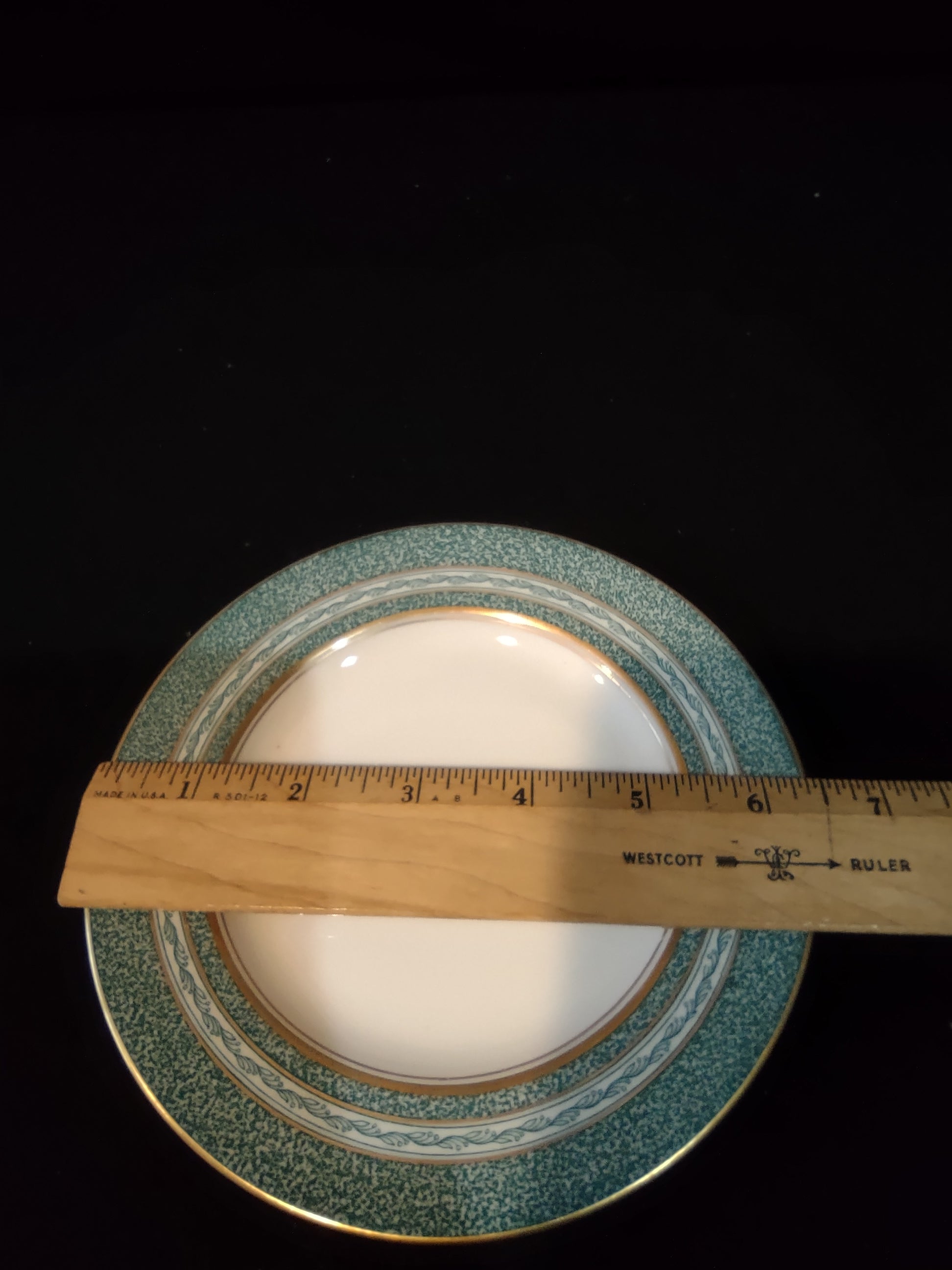 Canonsburg Fine China Mosaic plate - full face view showing teal border with white scrollwork and gold rim