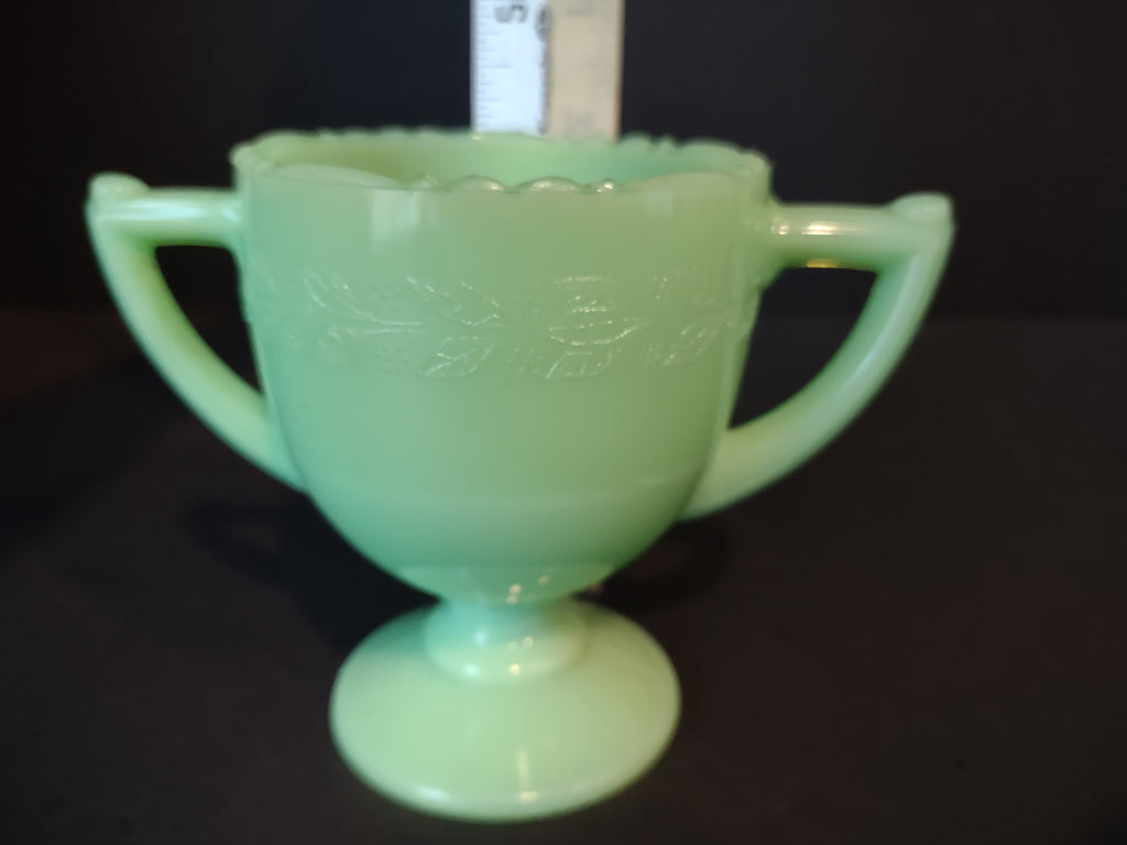 Vintage McKee Jadeite Green Uranium Glass Footed Sugar Bowl Double Handle [7012]