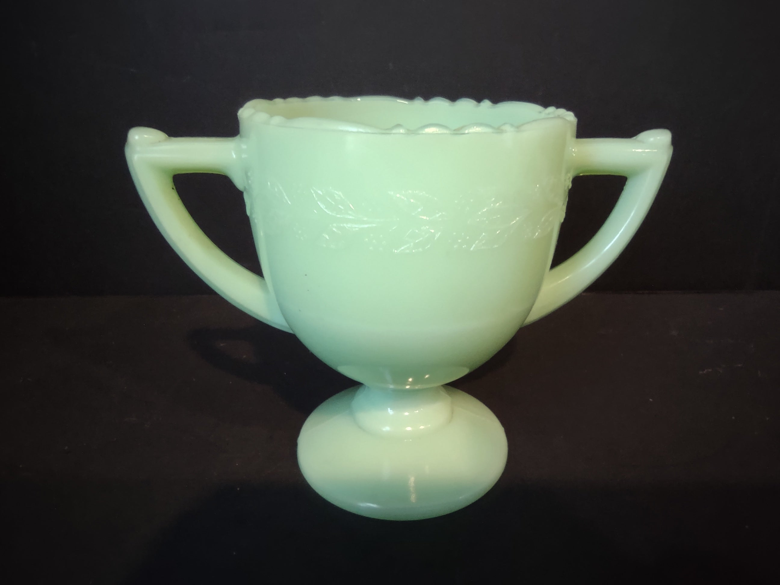 Vintage McKee Jadeite Green Uranium Glass Footed Sugar Bowl Double Handle [7012]