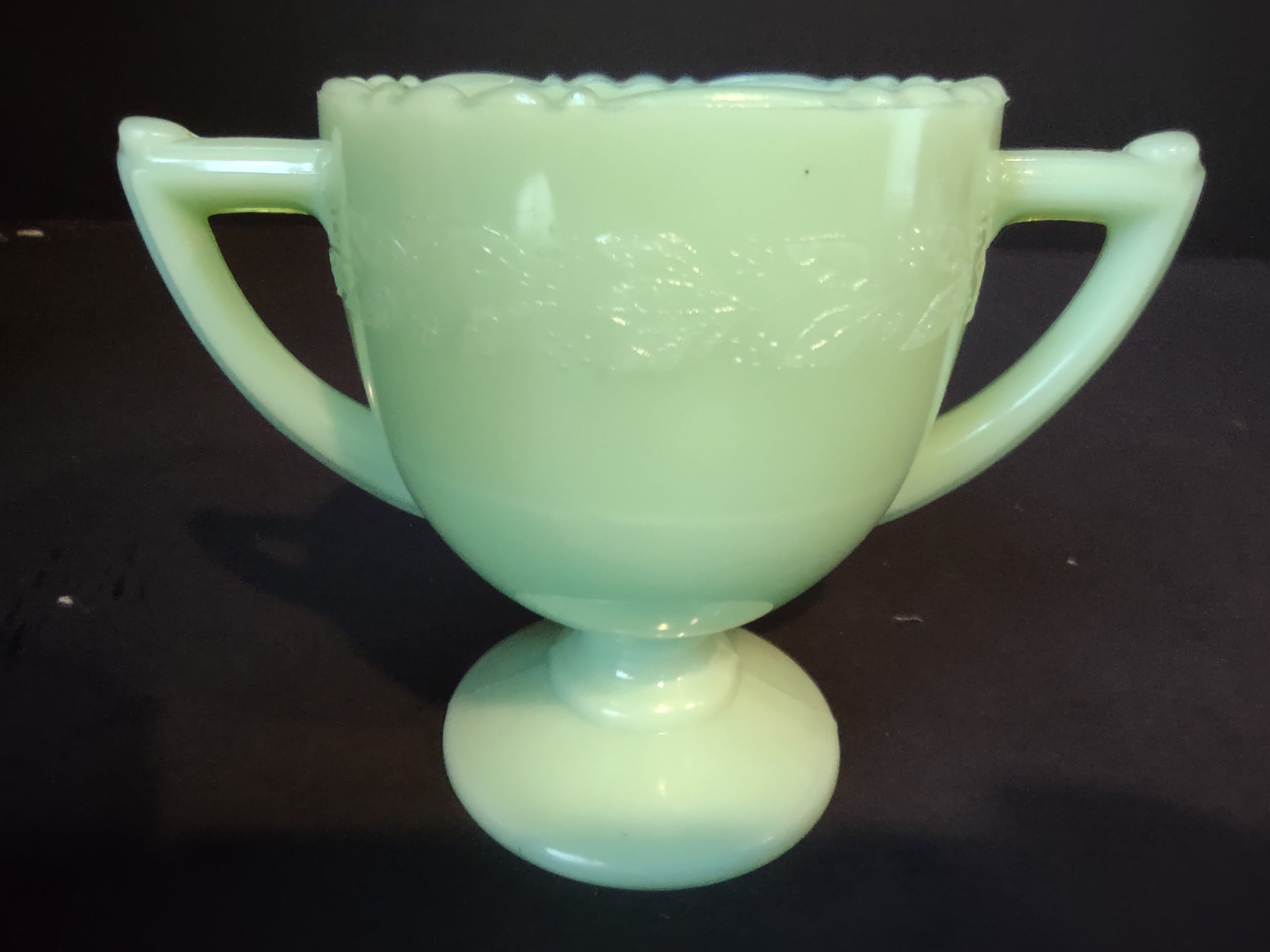 Vintage McKee Jadeite Green Uranium Glass Footed Sugar Bowl Double Handle [7012]