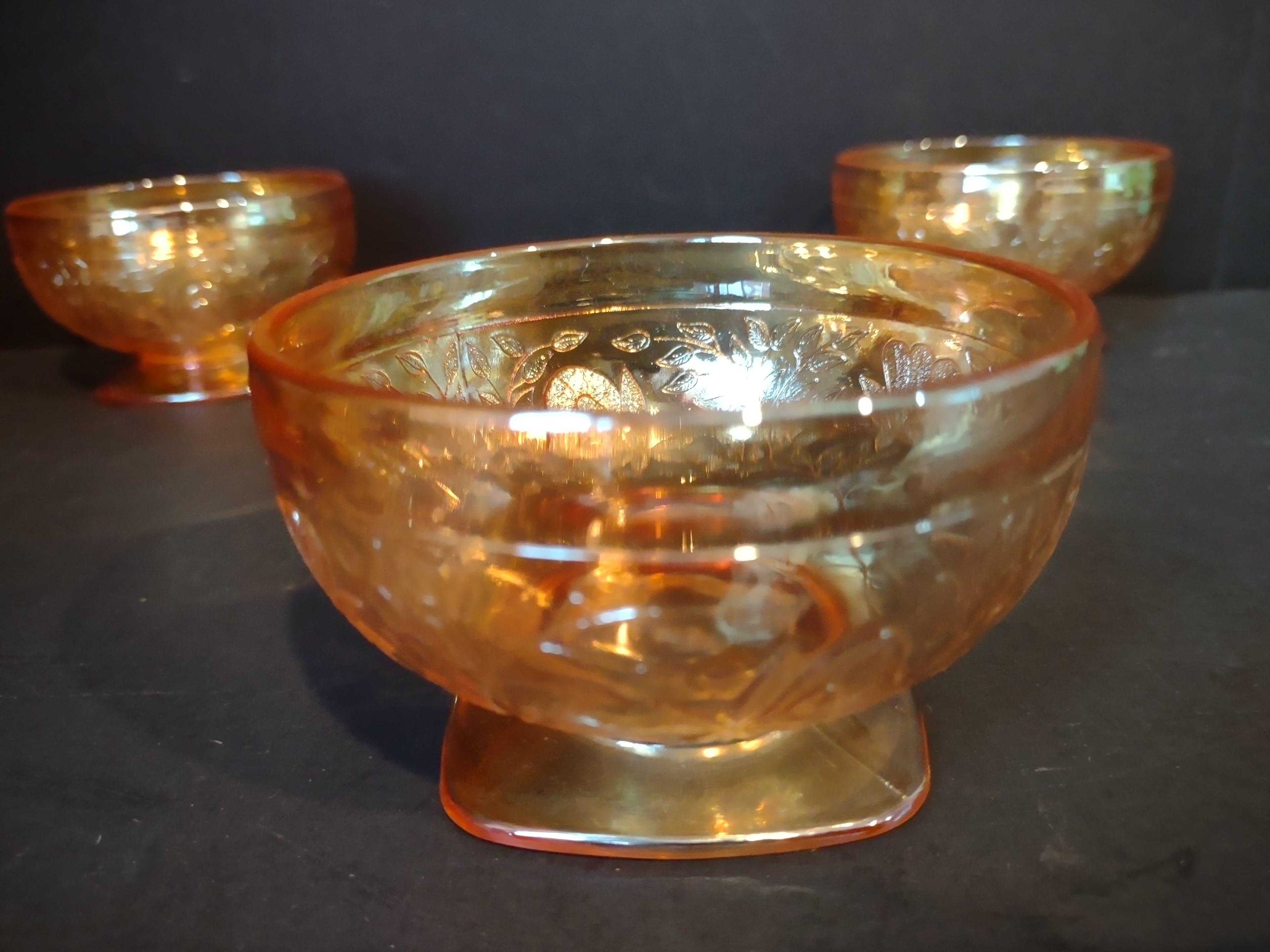 Vintage Jeannette Floragold Louisa Marigold Carnival Glass Sherbet Set of 5 [7013]