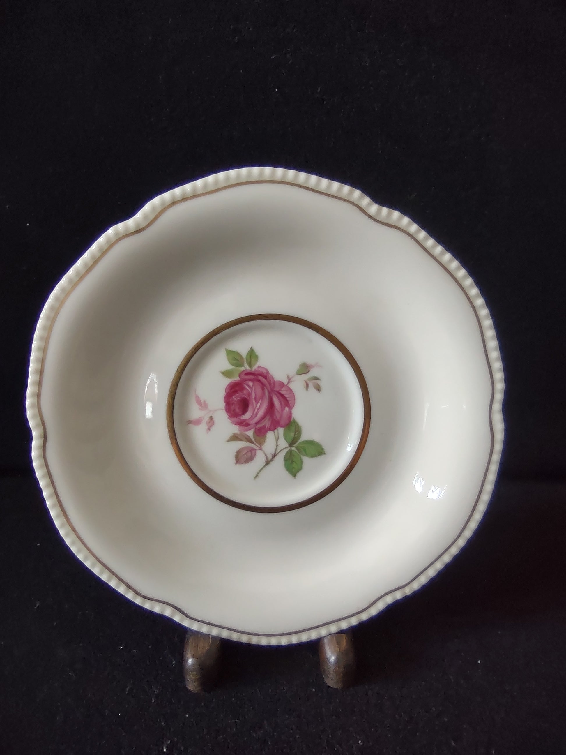 Castleton China Dolly Madison saucer front view showing pink rose center and gold ring