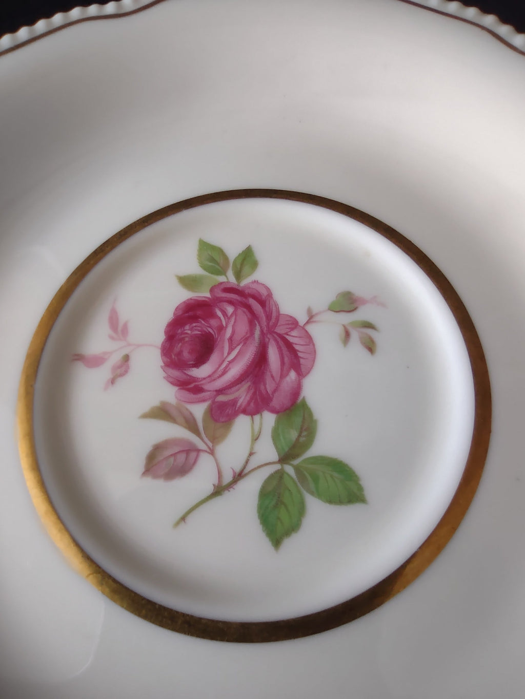 Full view of Castleton Dolly Madison saucer on display stand showing pink rose and beaded edge