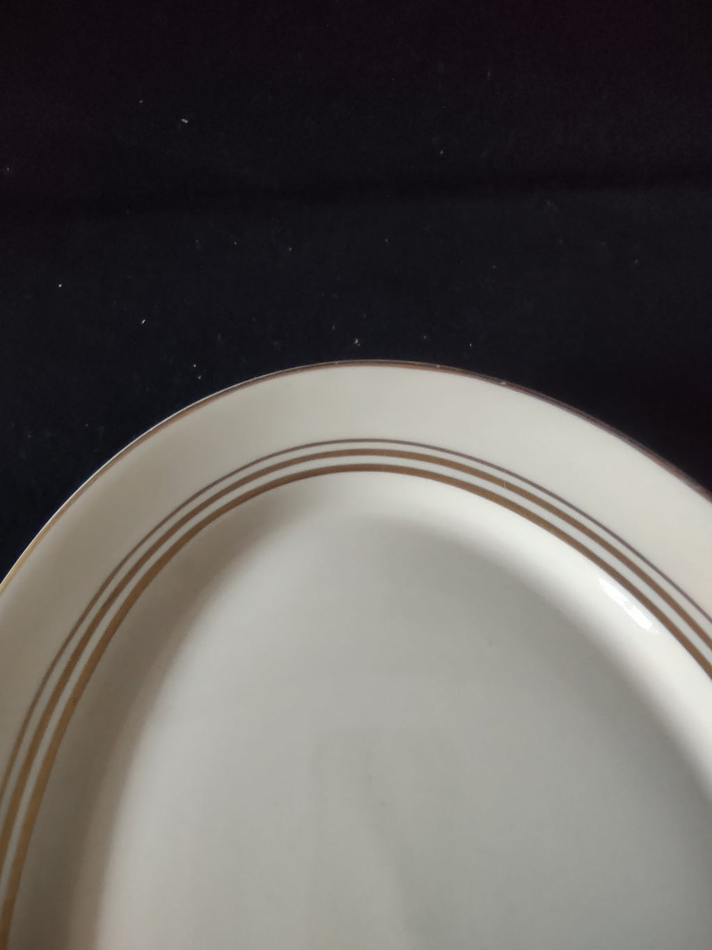 Close-up of triple gold band rim detail on Syracuse China Old Ivory platter
