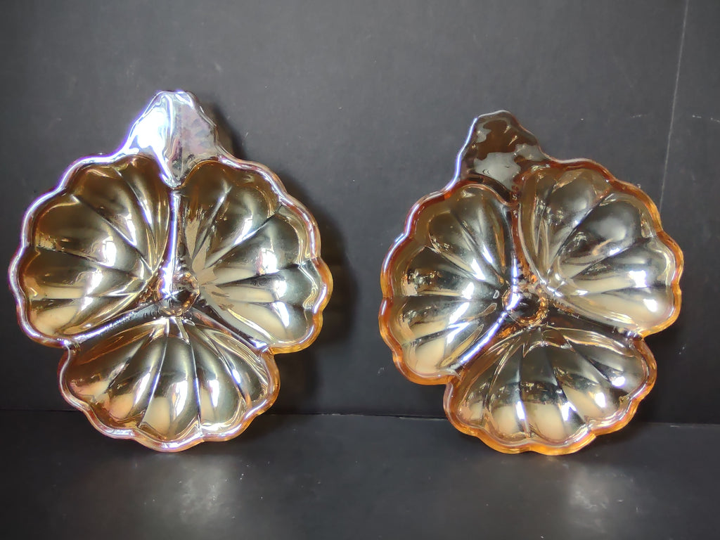 Vintage Marigold Carnival Glass Iridescent Leaf Flower Nappy Dishes Pair [7041]