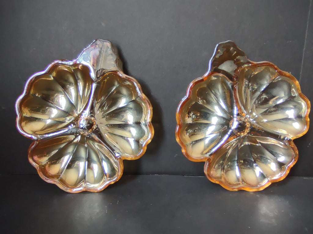 Vintage Marigold Carnival Glass Iridescent Leaf Flower Nappy Dishes Pair [7041]