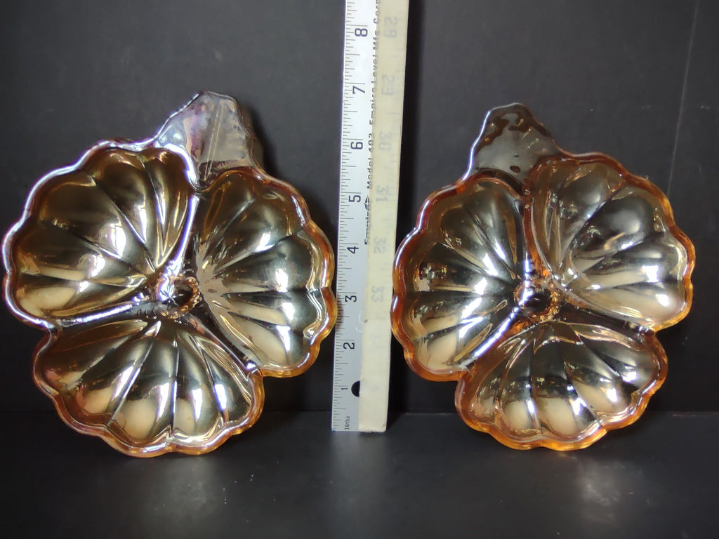 Vintage marigold carnival glass iridescent leaf flower-shaped nappy dishes pair with scalloped rims