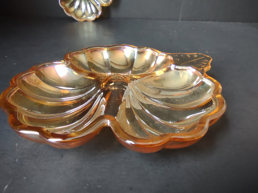 Vintage Marigold Carnival Glass Iridescent Leaf Flower Nappy Dishes Pair [7041]