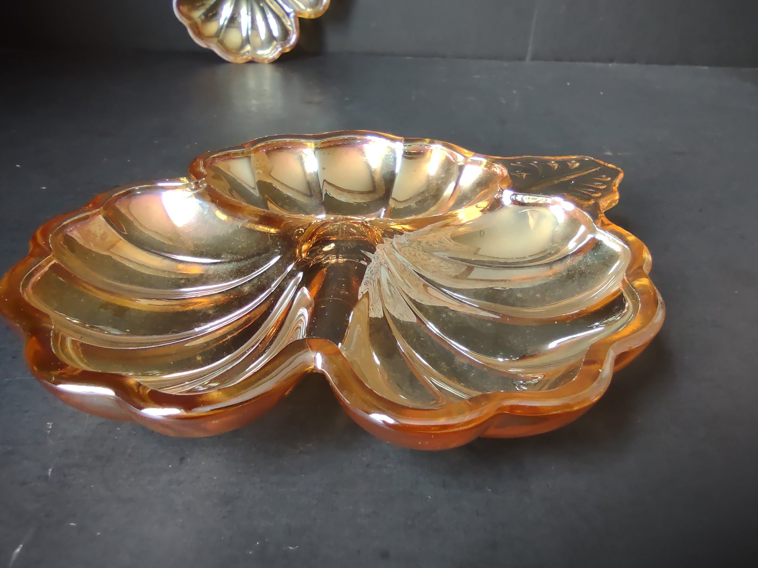 Vintage Marigold Carnival Glass Iridescent Leaf Flower Nappy Dishes Pair [7041]