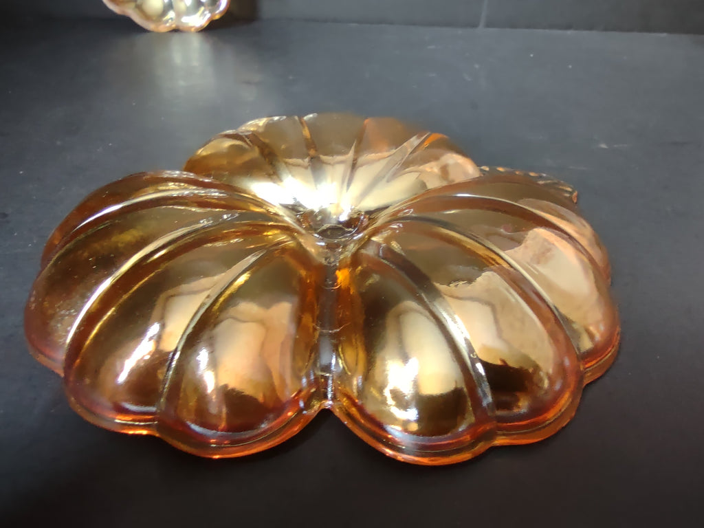 Vintage Marigold Carnival Glass Iridescent Leaf Flower Nappy Dishes Pair [7041]