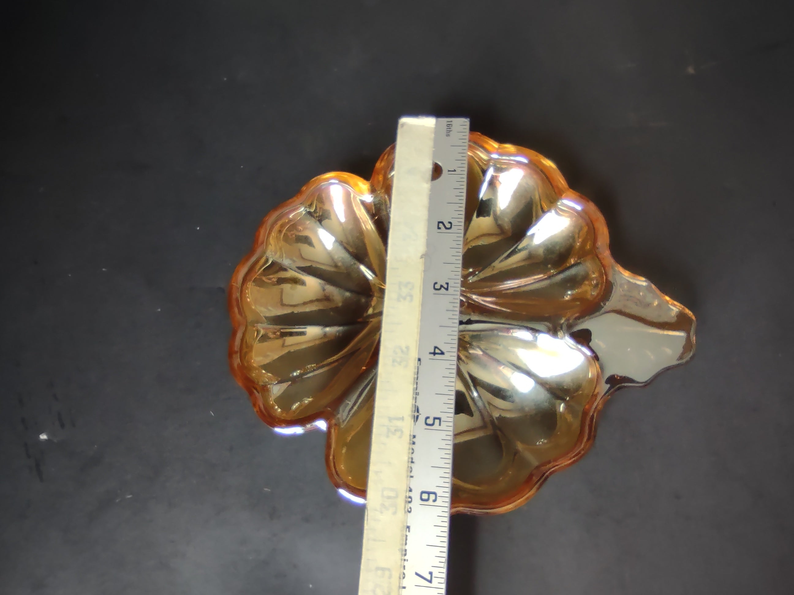 Vintage Marigold Carnival Glass Iridescent Leaf Flower Nappy Dishes Pair [7041]