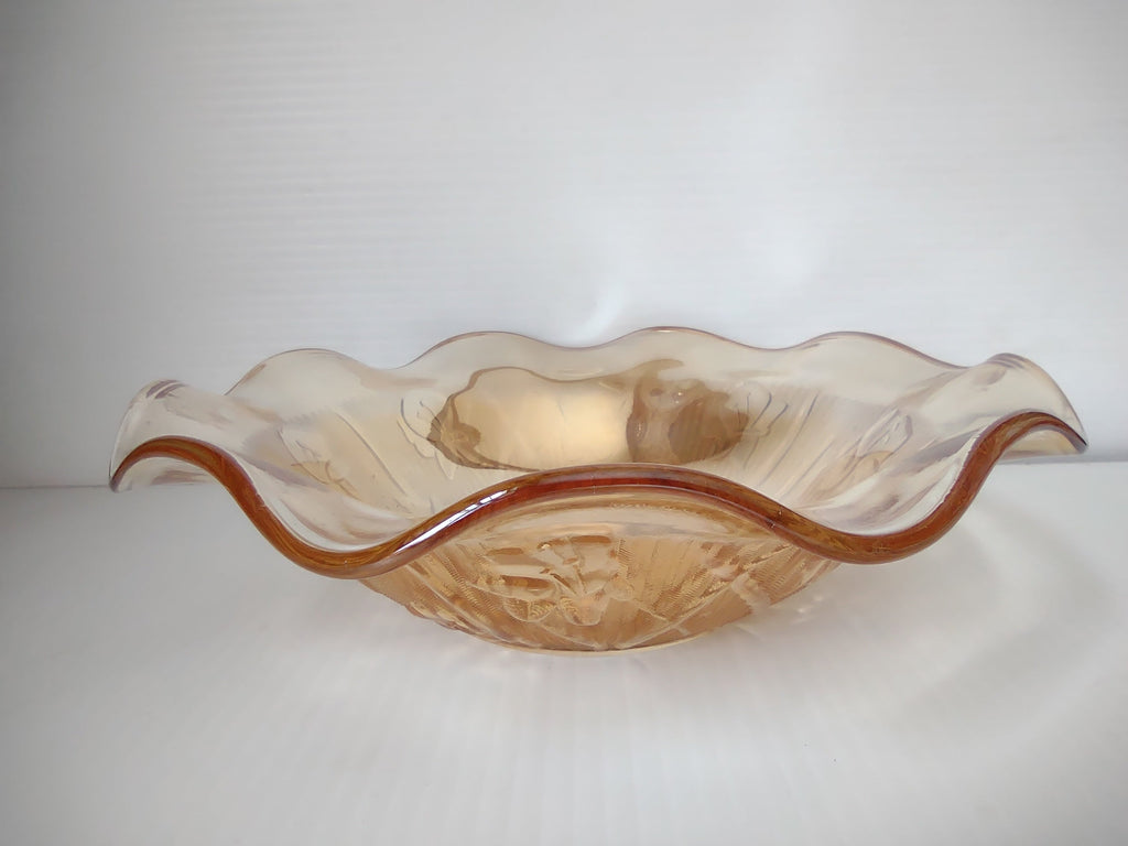Vintage marigold carnival glass ruffled wave bowl view