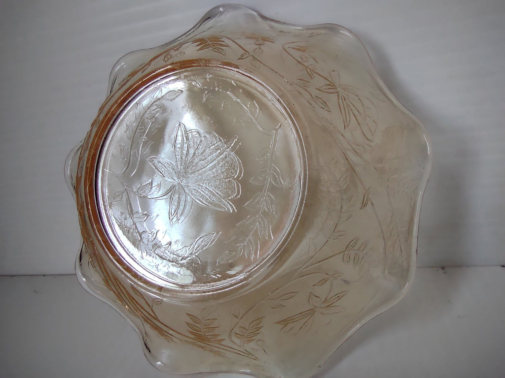 Vintage marigold carnival glass ruffled bowl top interior iris pattern