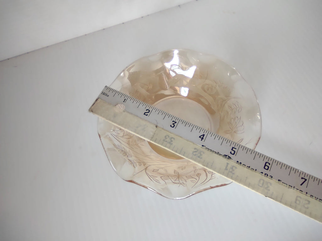 Vintage marigold carnival glass ruffled bowl interior floral detail