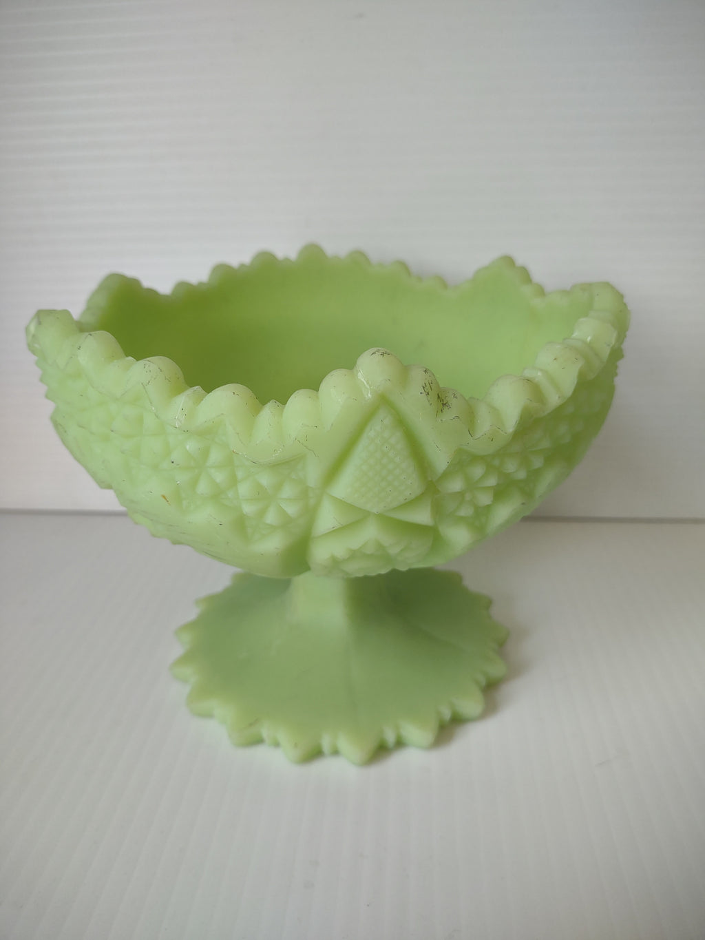 Vintage Uranium Vaseline Glass Footed Compote Star Grape Sawtooth Rim REPAIRED [7038]