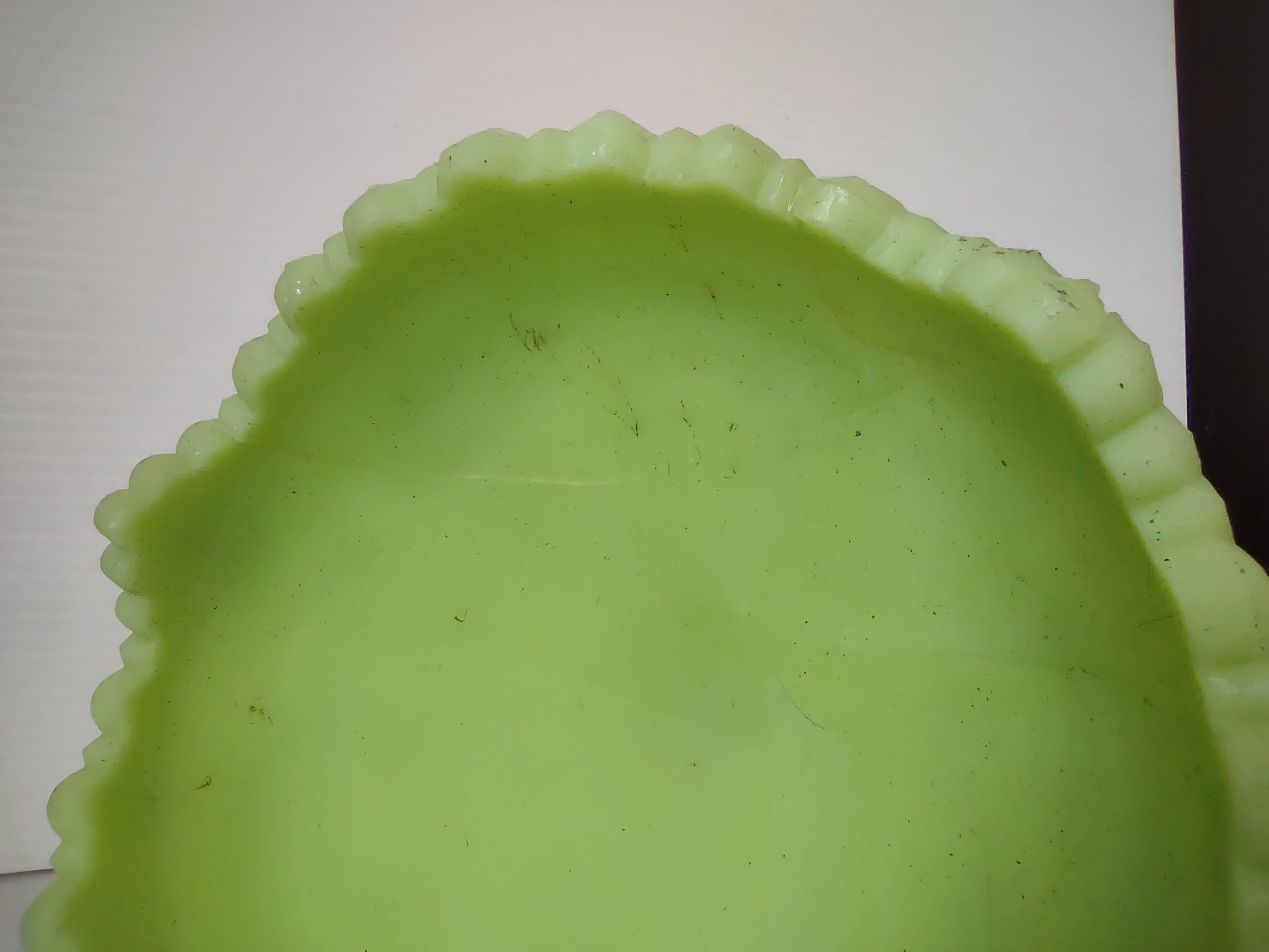 Vintage Uranium Vaseline Glass Footed Compote Star Grape Sawtooth Rim REPAIRED [7038]