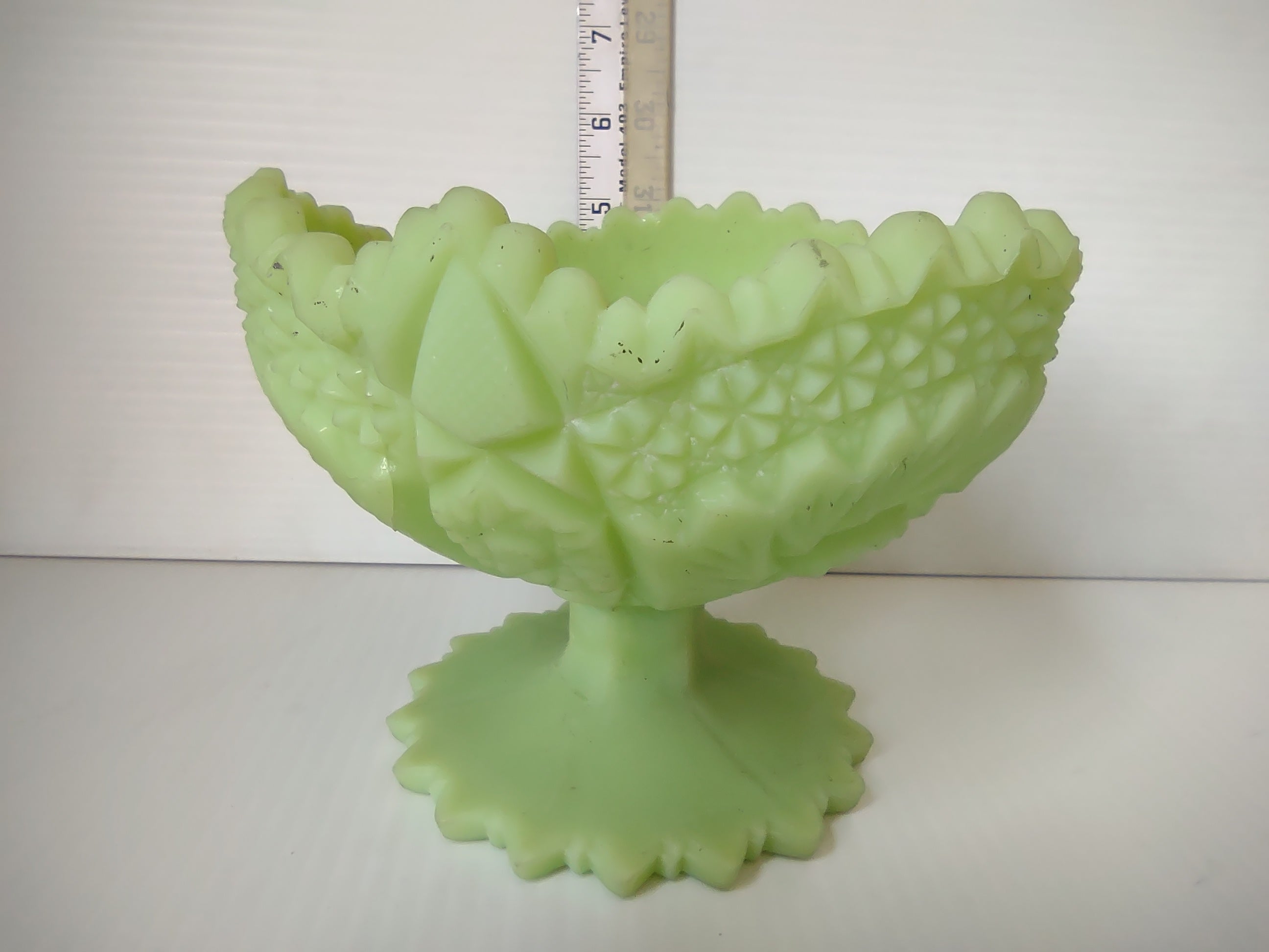 Vintage Uranium Vaseline Glass Footed Compote Star Grape Sawtooth Rim REPAIRED [7038]