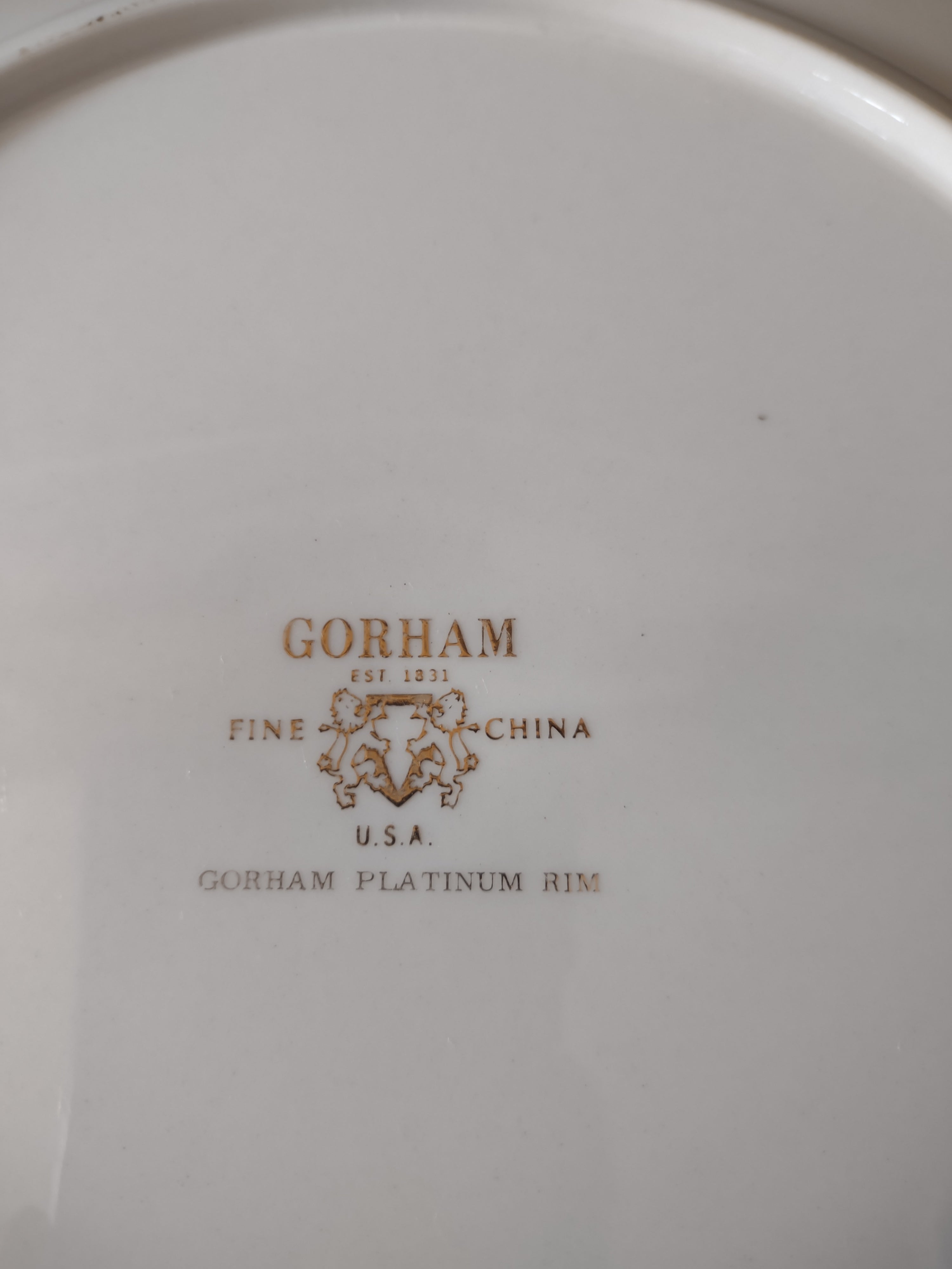 Vintage Gorham Fine China Platinum Rim Plate - top view with ruler showing approx 10 inch diameter
