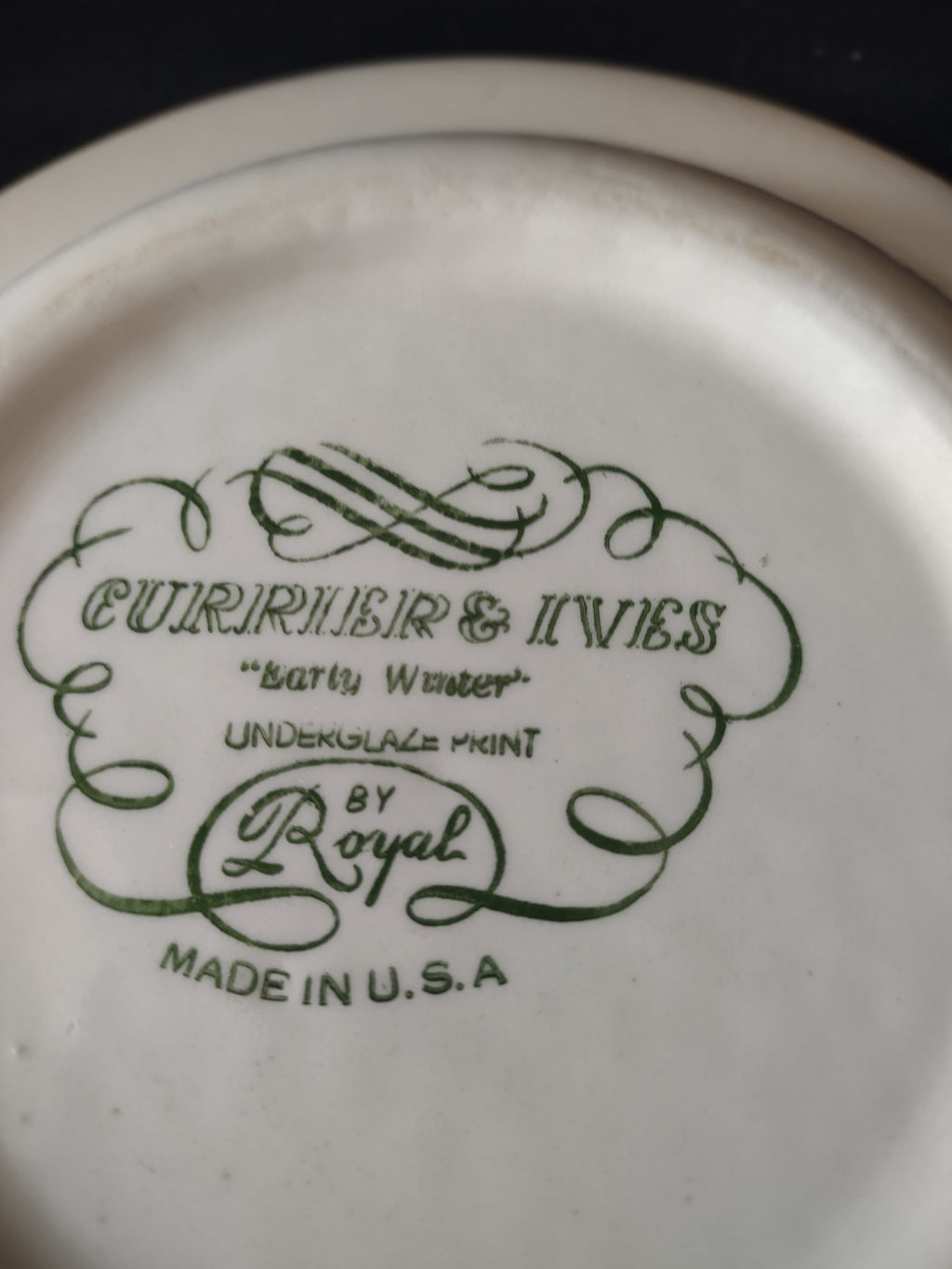 Currier & Ives Early Winter bowl with ruler showing 8.5 inch diameter