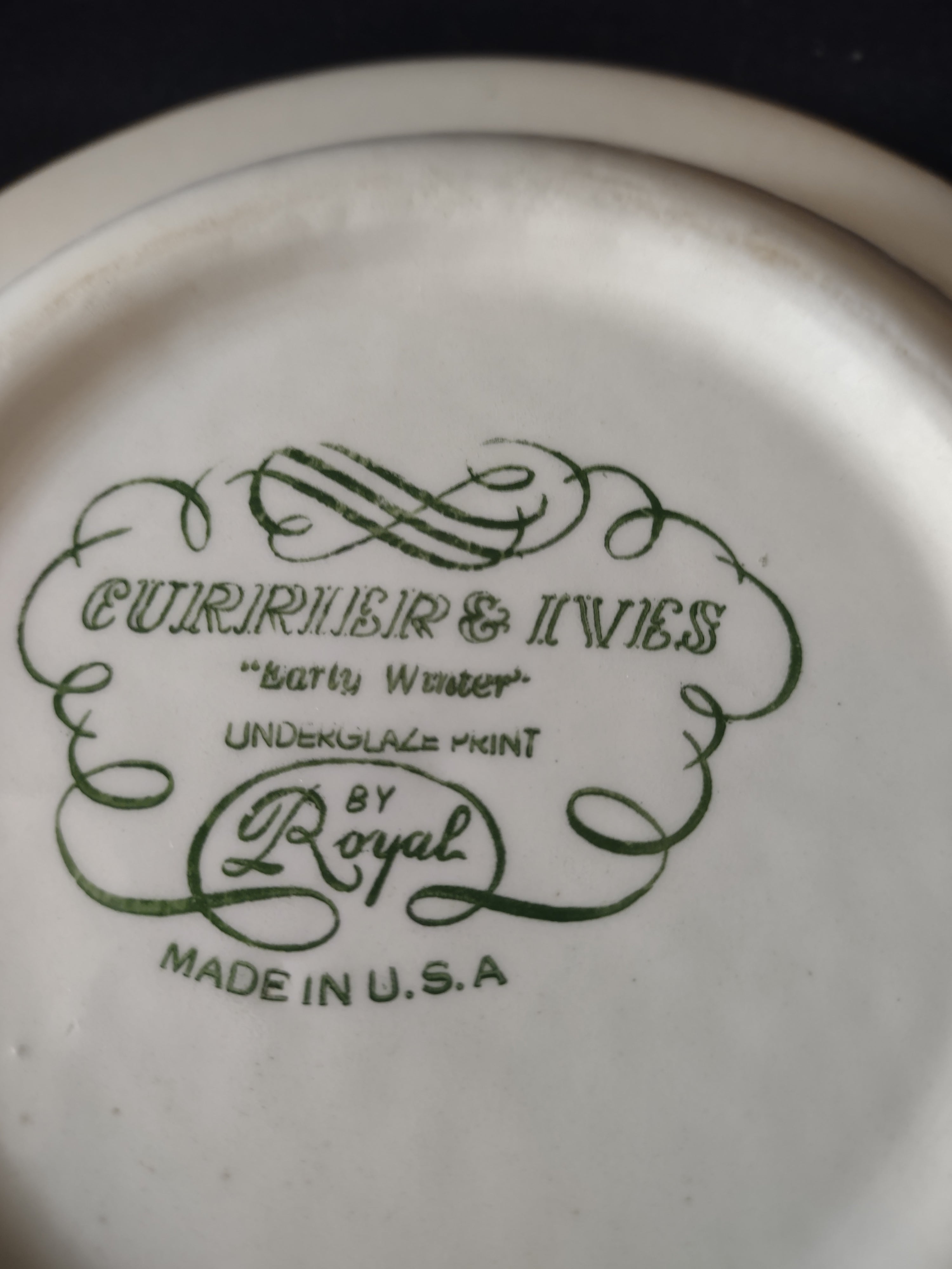 Currier & Ives Early Winter bowl with ruler showing 8.5 inch diameter