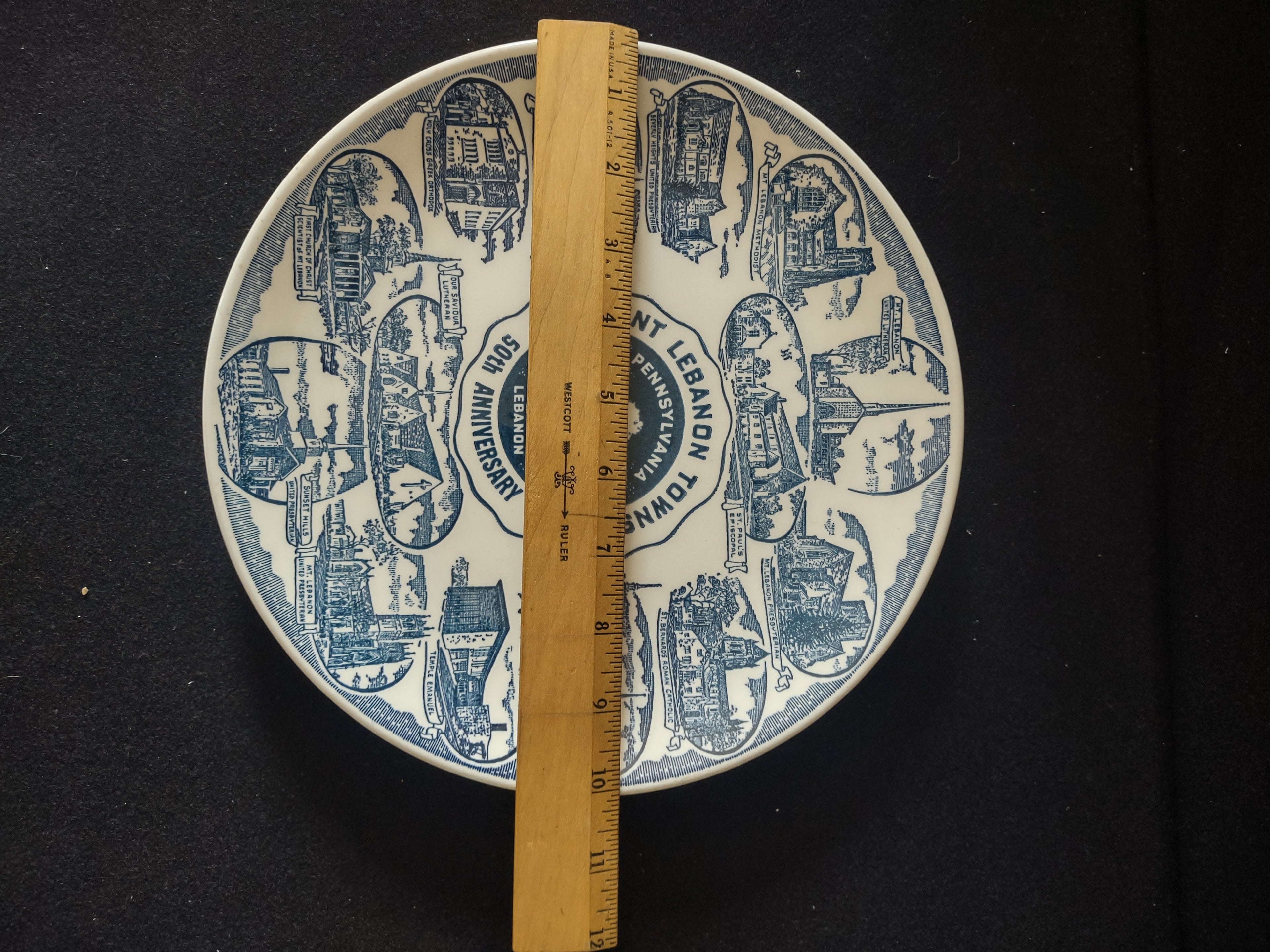 Vintage Mt Lebanon Township PA 50th Anniversary Plate size measurement with ruler