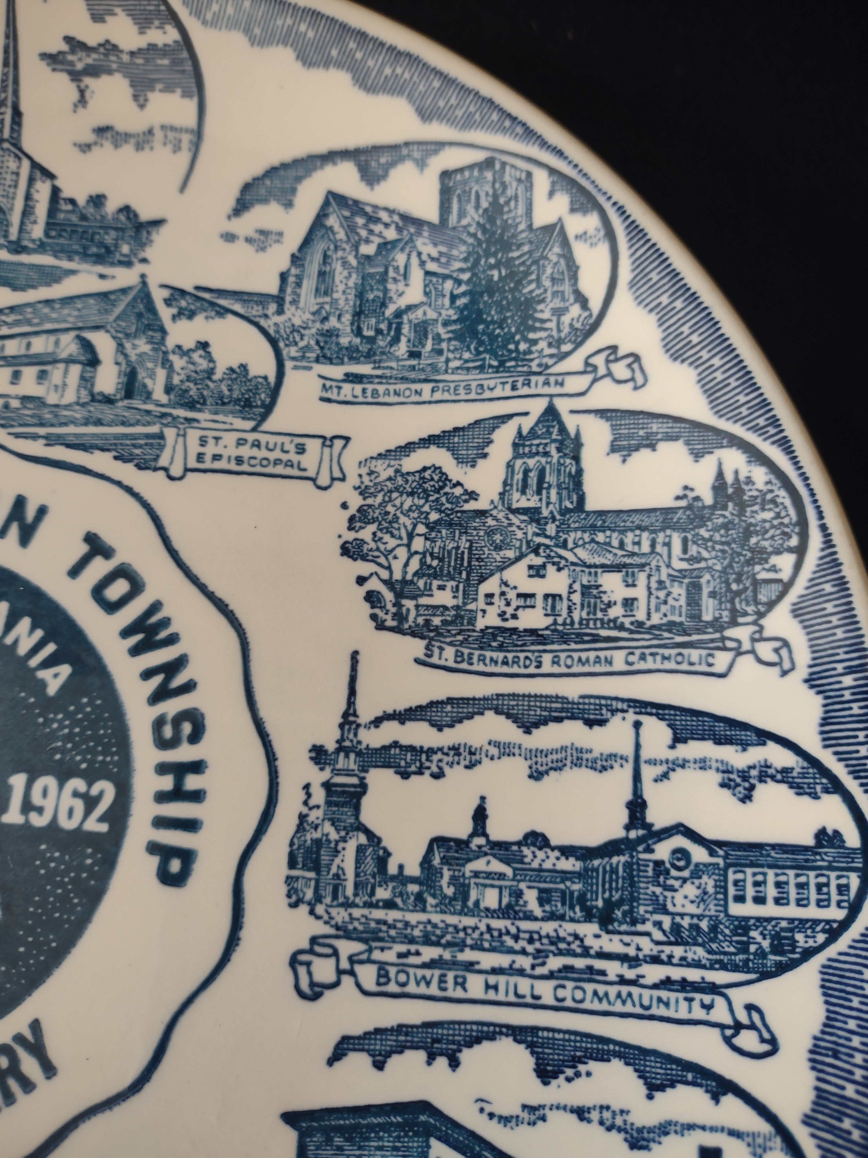 Vintage Mt Lebanon Township PA 50th Anniversary Plate left side church vignettes