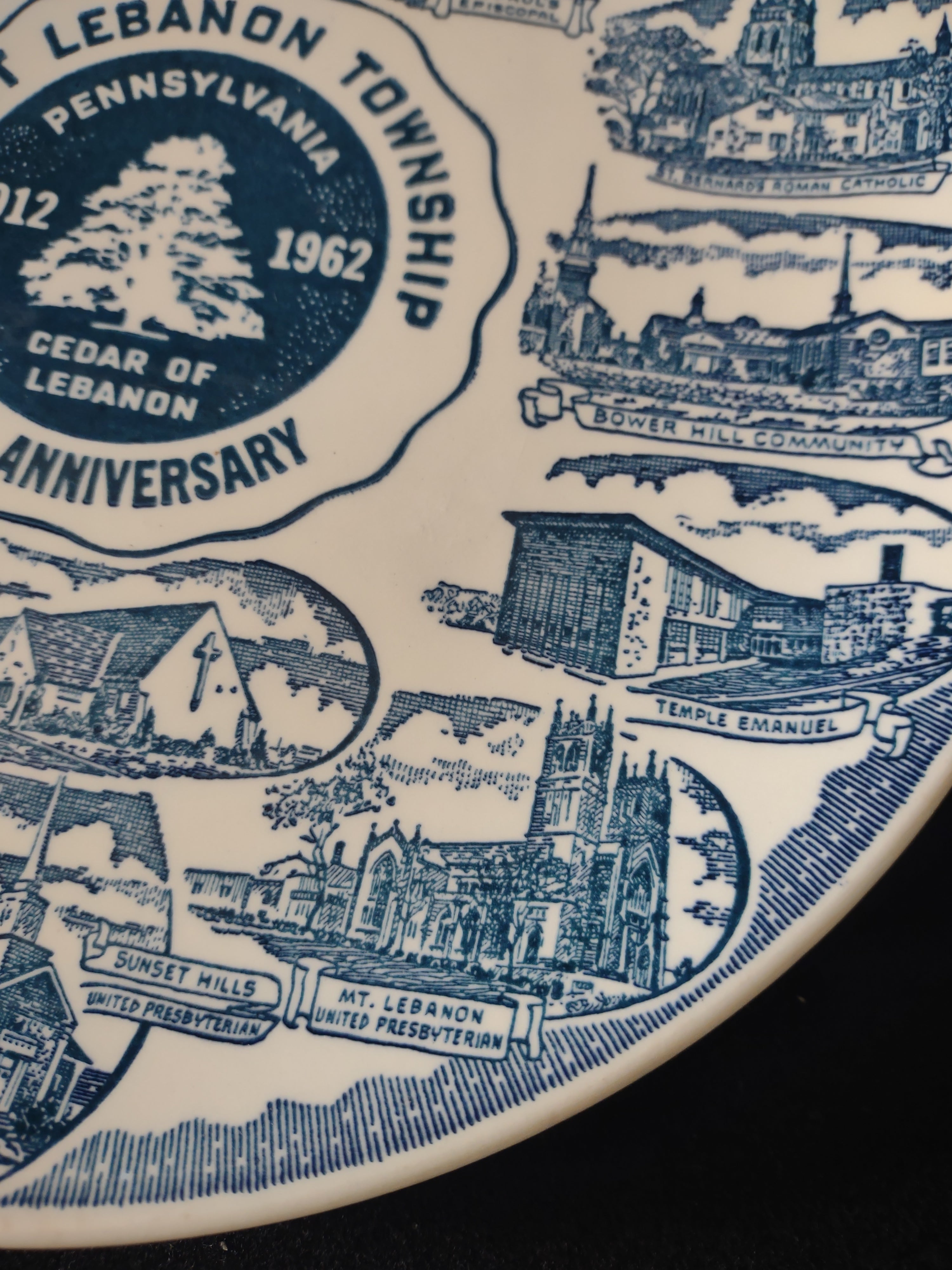 Vintage Mt Lebanon Township PA 50th Anniversary Plate right side church vignettes