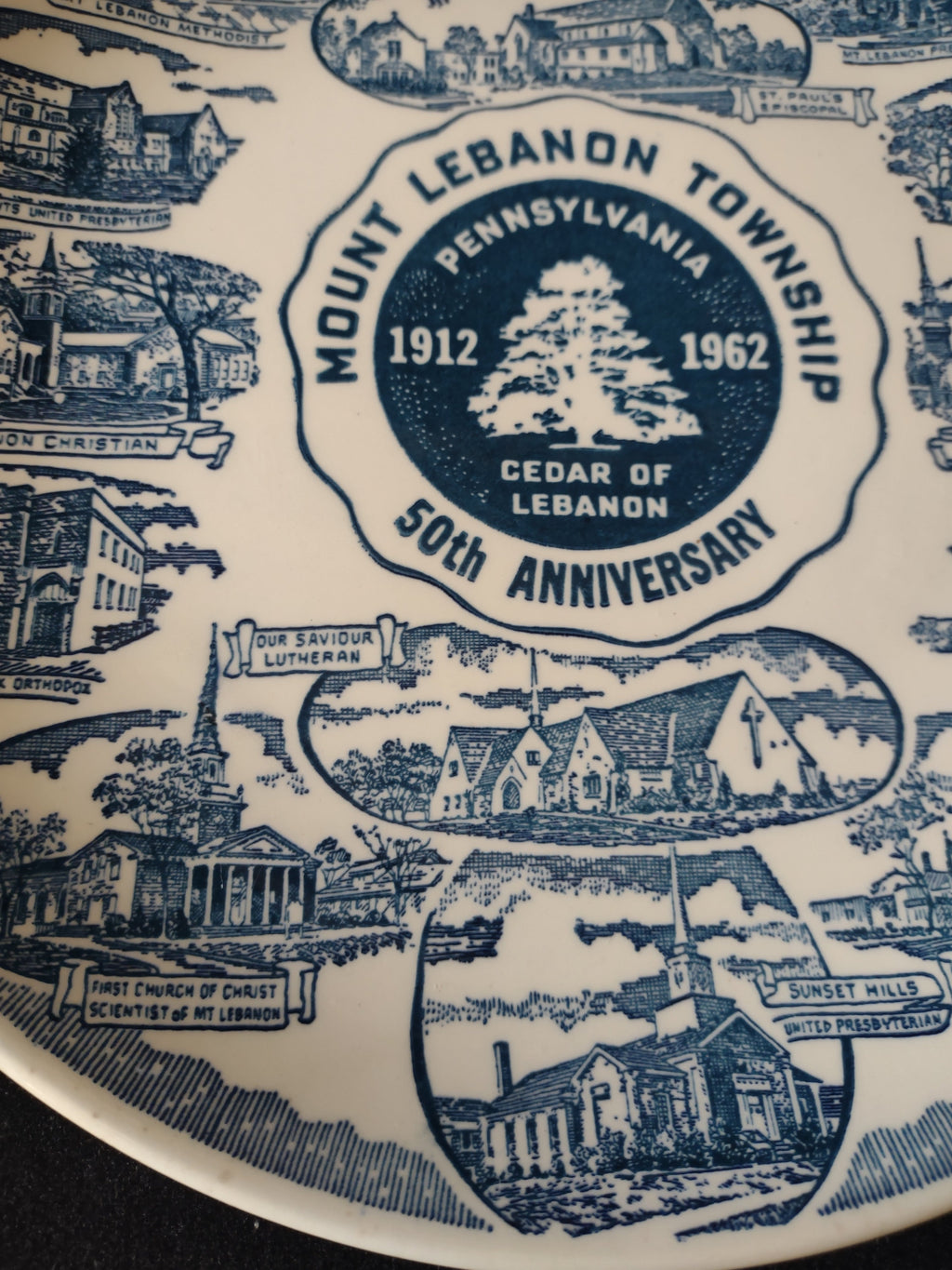 Vintage Mt Lebanon Township PA 50th Anniversary Plate bottom church vignettes