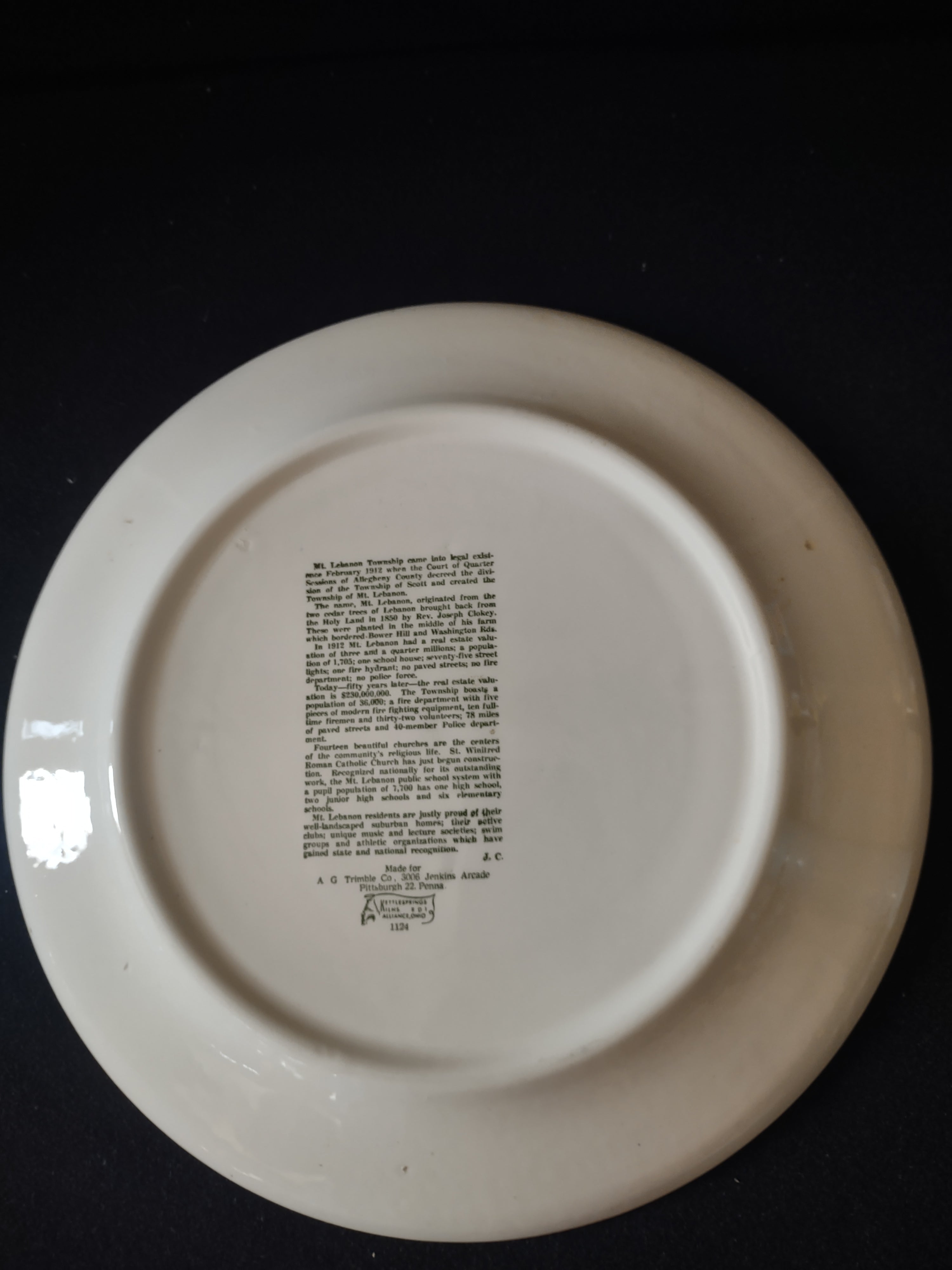 Vintage Mt Lebanon Township PA 50th Anniversary Plate top view with ruler