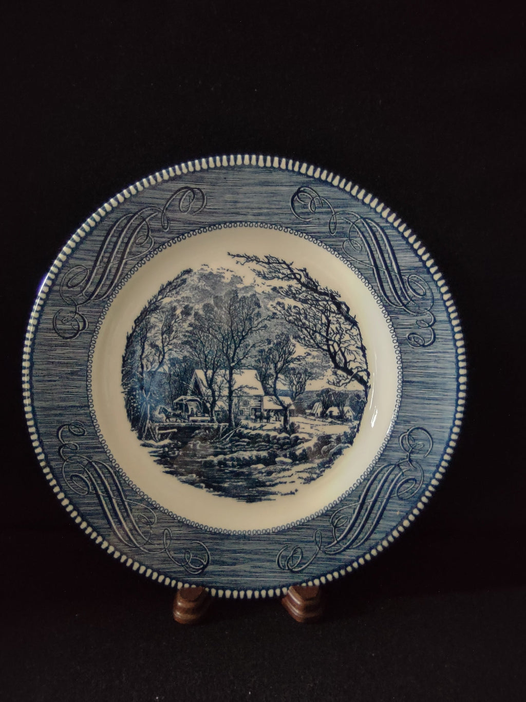 Vintage Royal China Currier & Ives Old Grist Mill Blue Plate 10 inch full view
