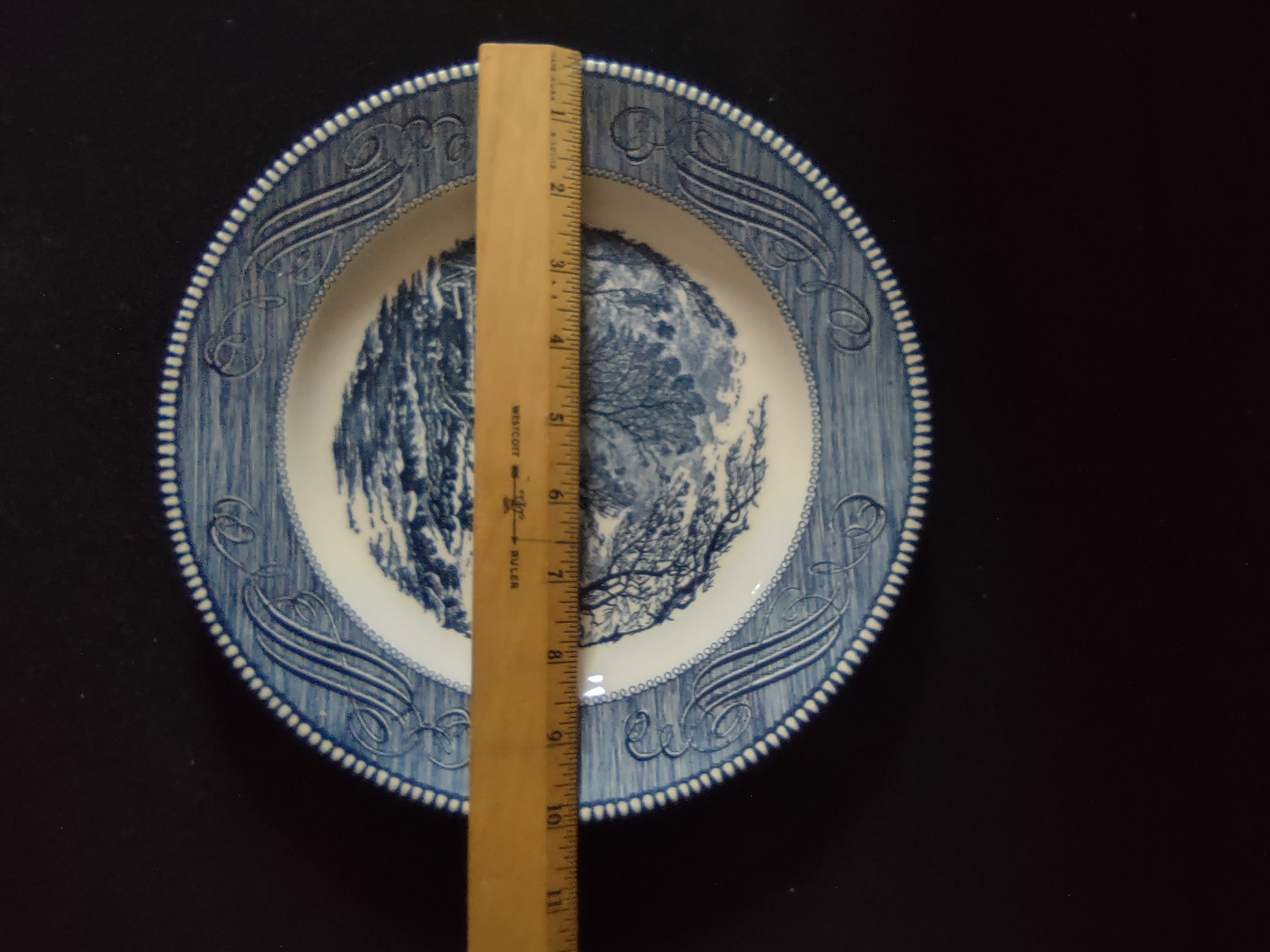 Vintage Royal China Currier & Ives Old Grist Mill Blue Plate rim detail