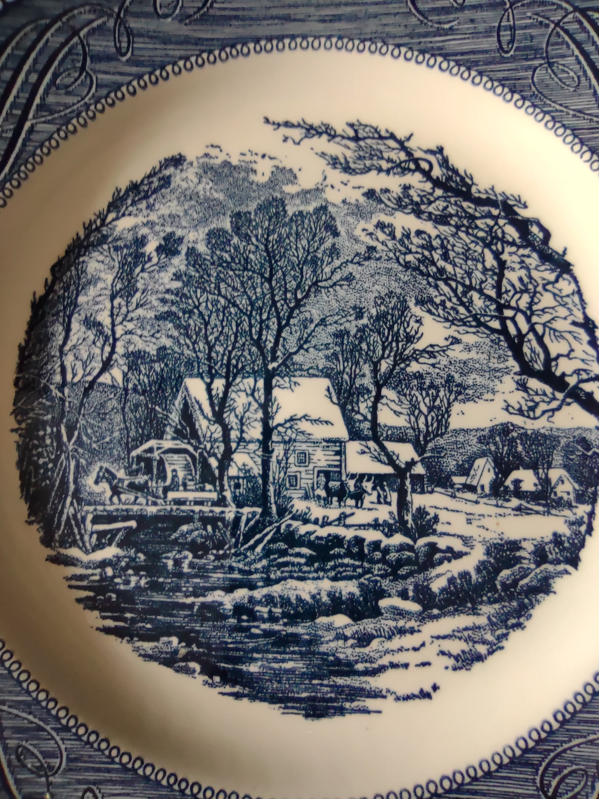 Vintage Royal China Currier & Ives Old Grist Mill Blue Plate border detail right