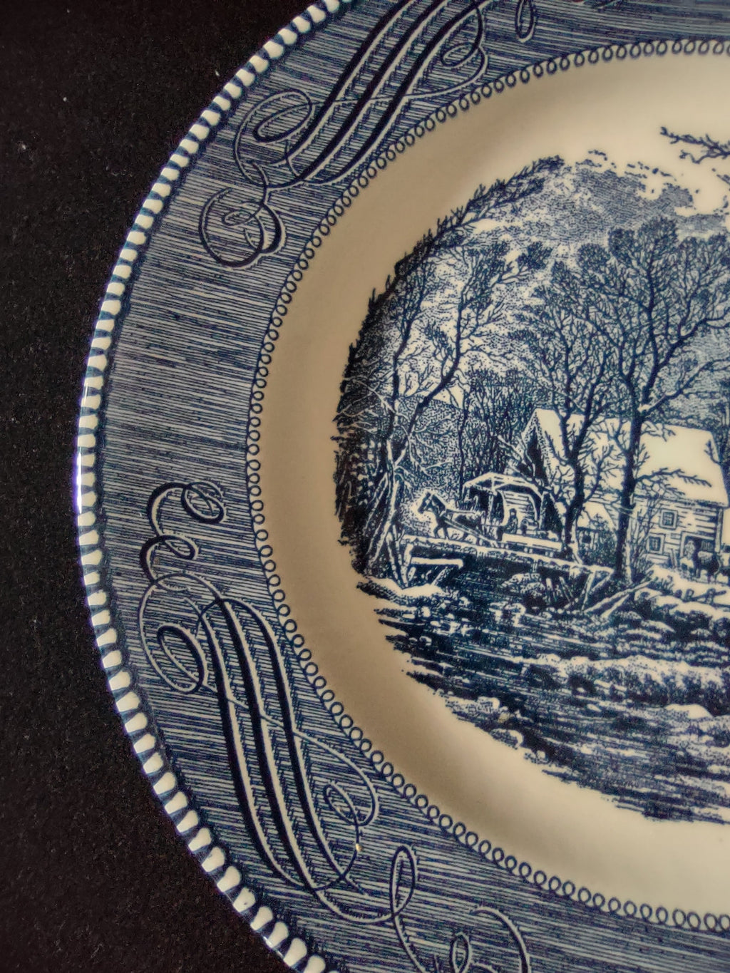 Vintage Royal China Currier & Ives Old Grist Mill Blue Plate border detail left