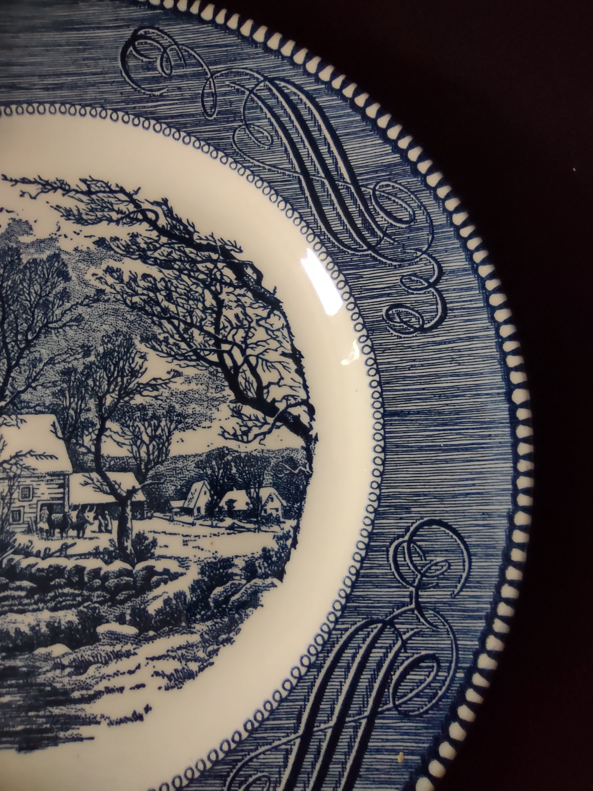 Vintage Royal China Currier & Ives Old Grist Mill Blue Plate scene detail