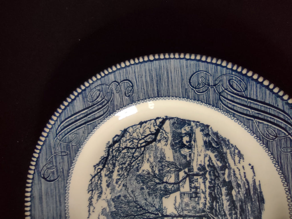 Vintage Royal China Currier & Ives Old Grist Mill Blue Plate scene detail 2