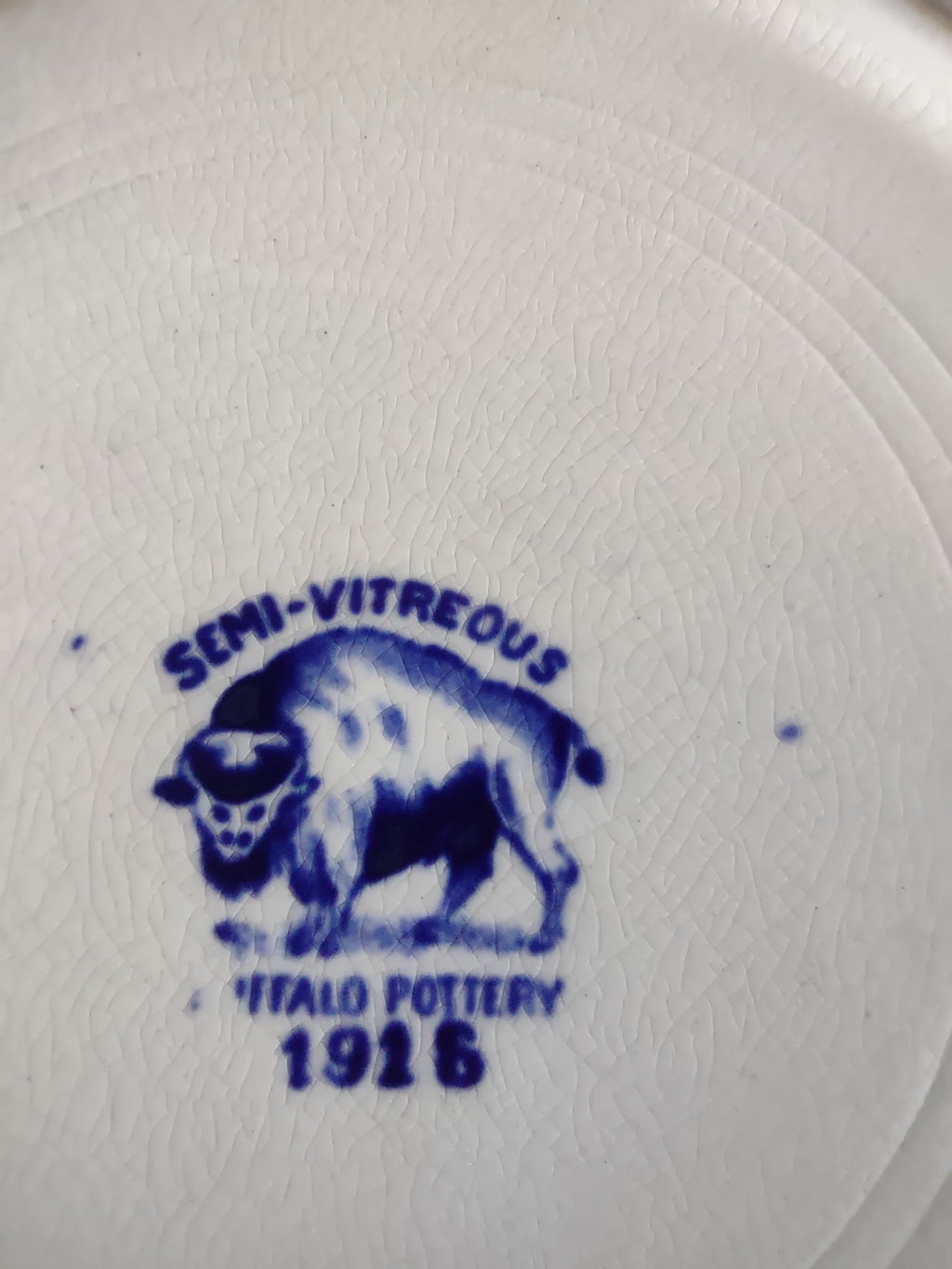 Vintage Buffalo Pottery Blue Willow Plate foot rim showing CRACK
