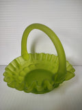 Front view of lime green satin glass hobnail ruffled basket with applied loop handle