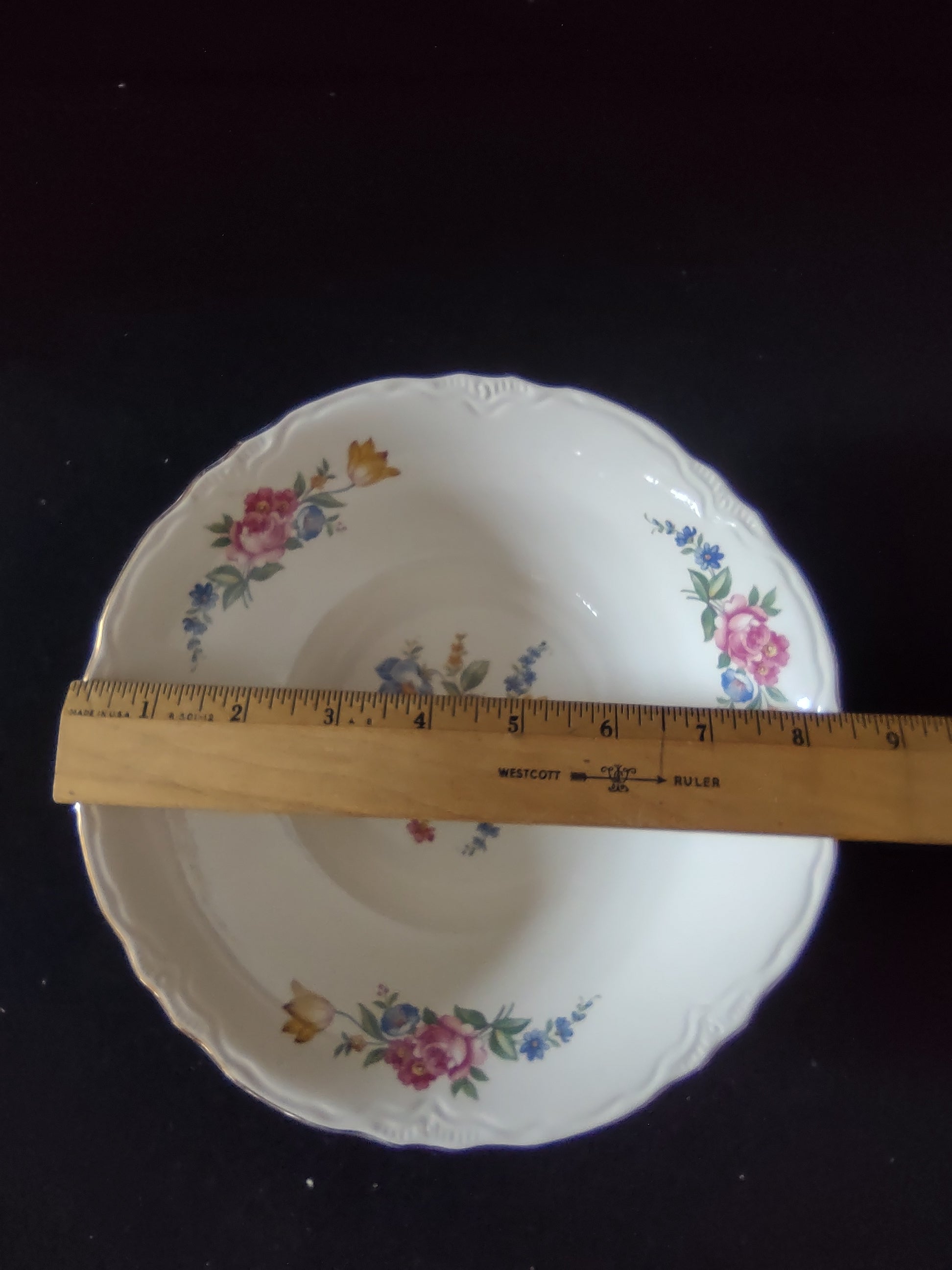 Vintage floral bouquet serving bowl - side profile with ruler showing approximately 9 inch diameter