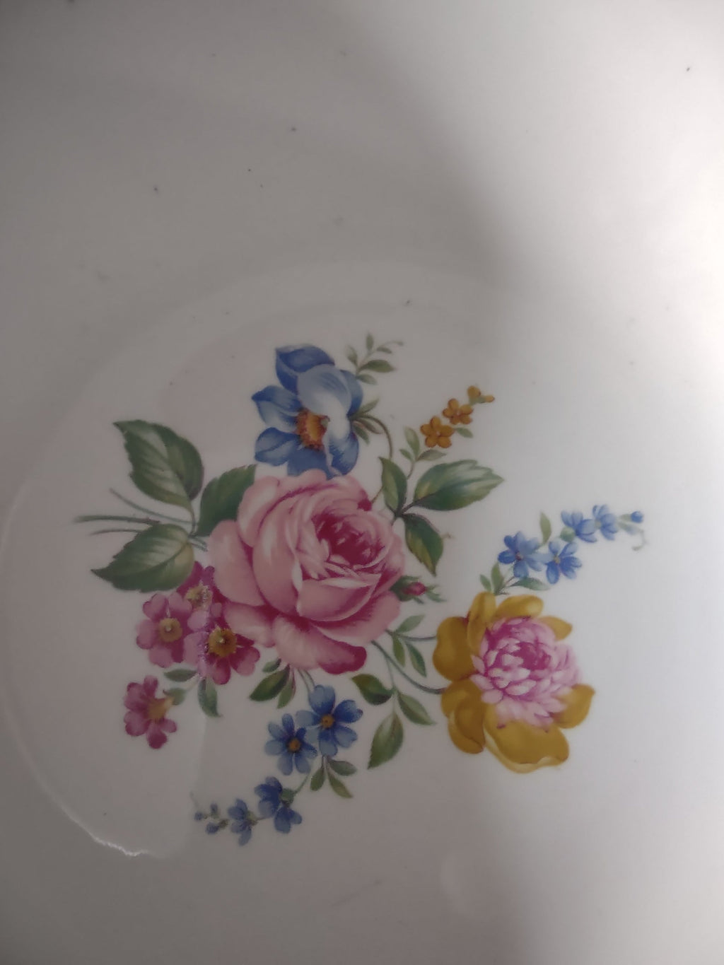Vintage floral bouquet serving bowl - close up of pink rose and blue flower pattern on rim
