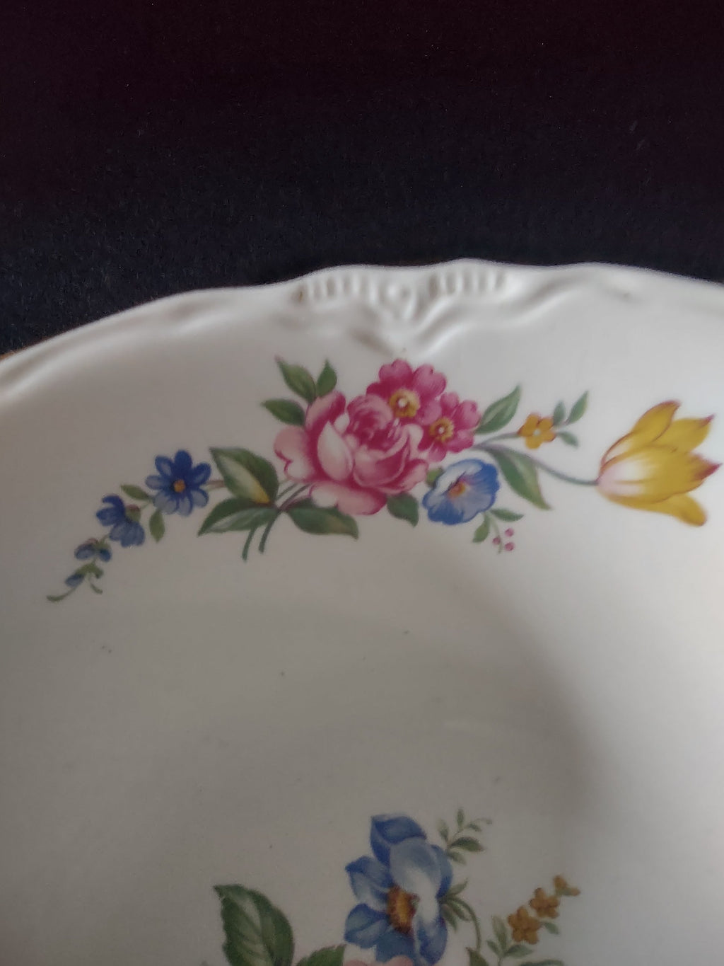 Vintage floral bouquet serving bowl - top down view with ruler showing approximately 9 inch diameter