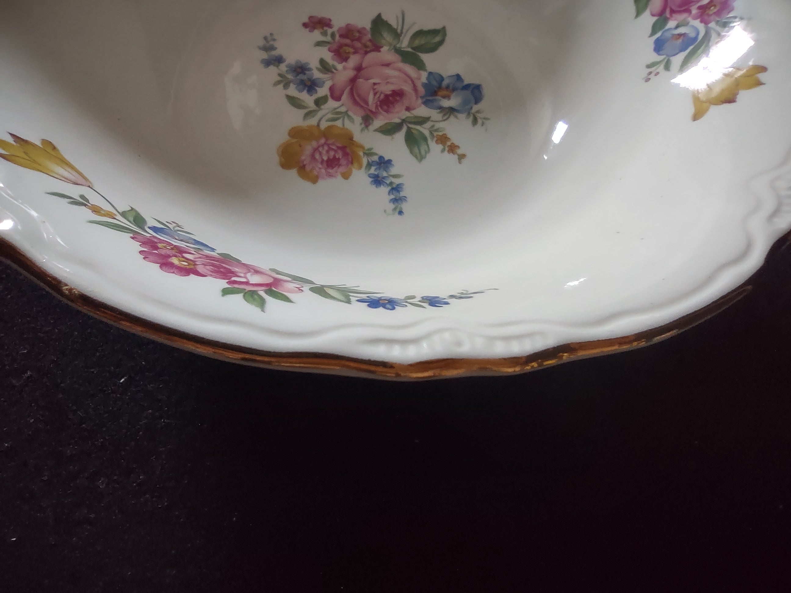 Vintage floral bouquet serving bowl - top down overhead view showing full floral pattern