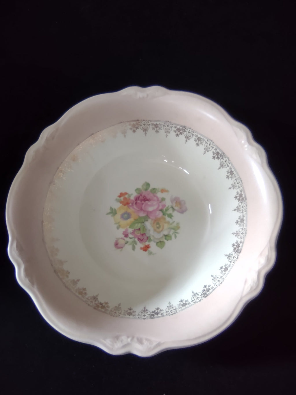 Vintage Homer Laughlin Virginia Rose serving bowl - top down view with ruler showing approximately 9 inch diameter