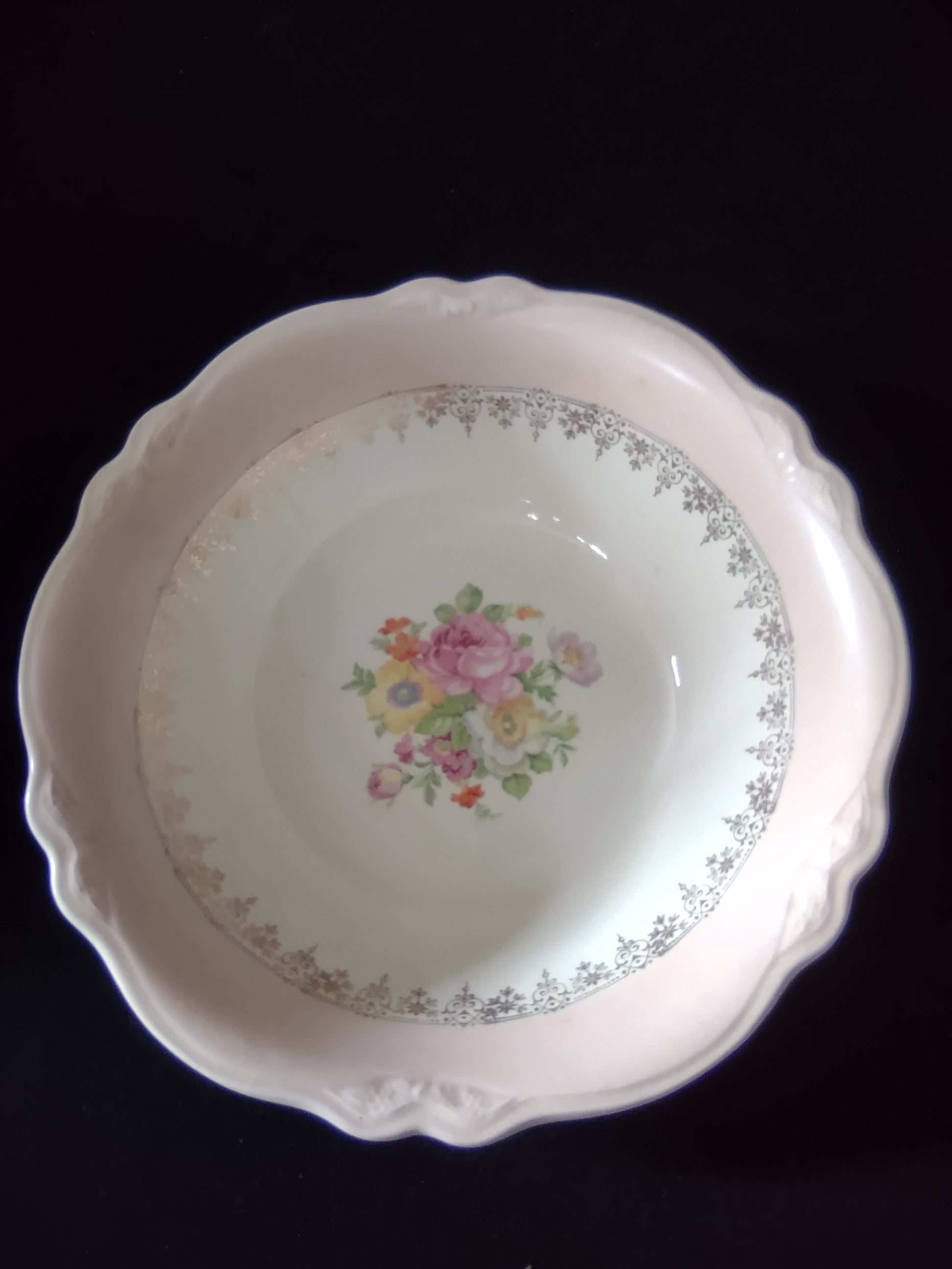 Vintage Homer Laughlin Virginia Rose serving bowl - top down view with ruler showing approximately 9 inch diameter