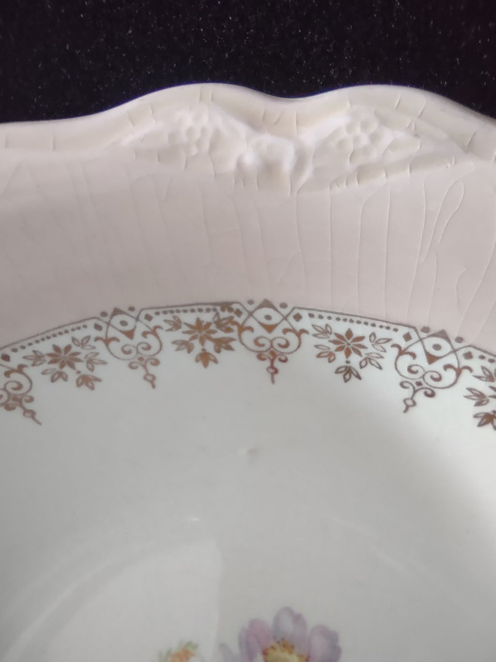 Vintage Homer Laughlin Virginia Rose serving bowl - interior view showing gold filigree border and floral center