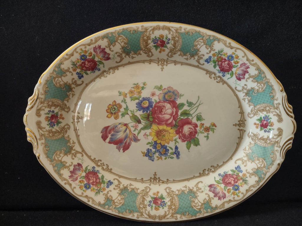 Vintage Syracuse China Floral Oval Handled Serving Platter [7043]