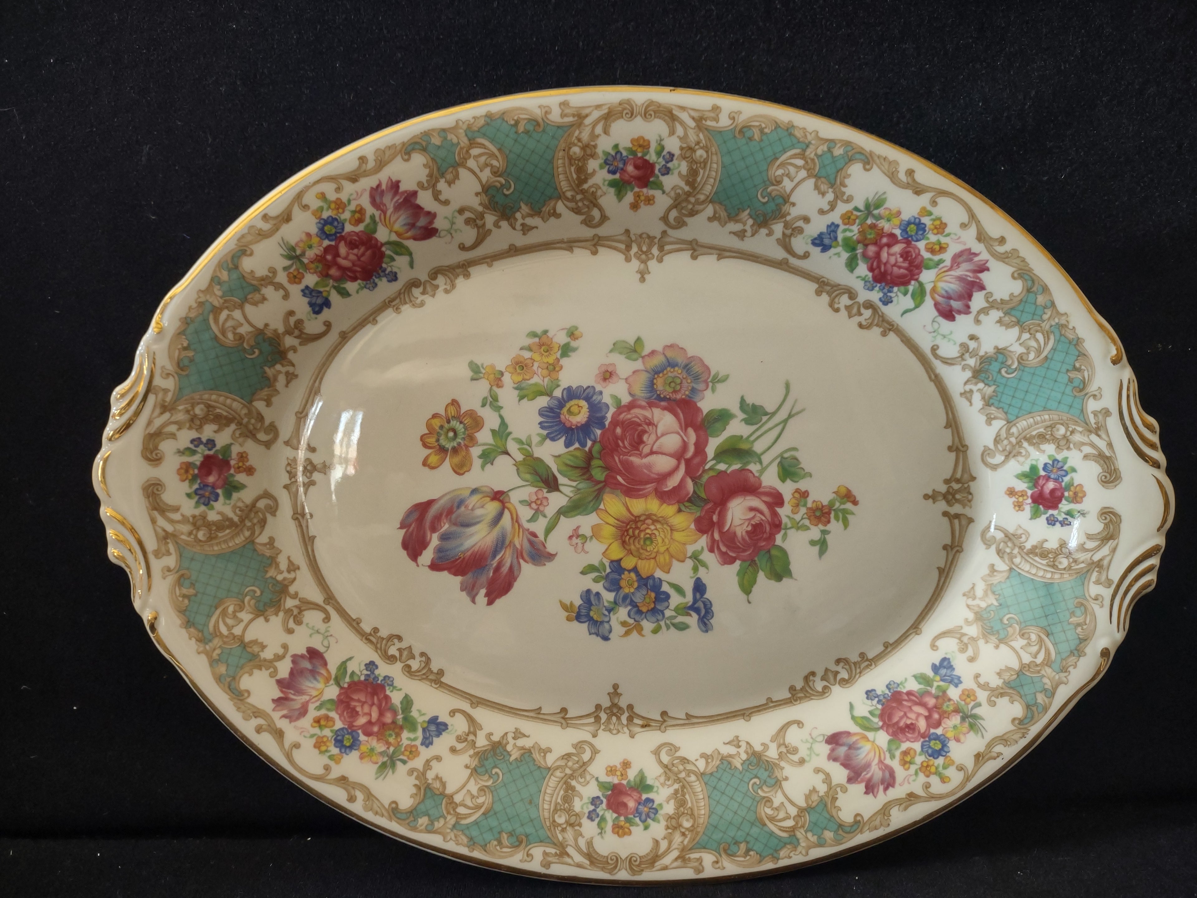 Vintage Syracuse China Floral Oval Handled Serving Platter [7043]